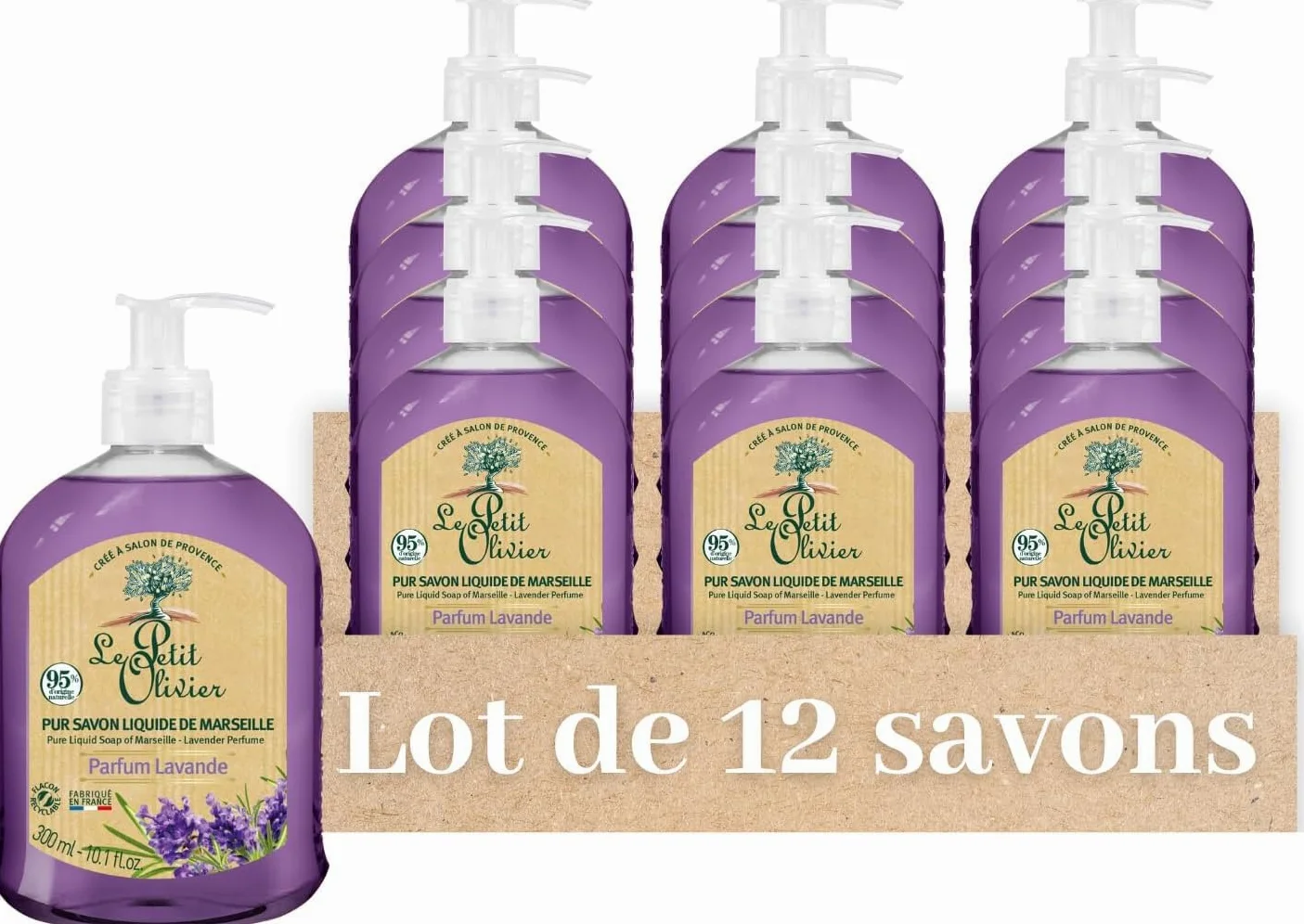 LE PETIT OLIVIER - Lotto di 12 - Puro sapone liquido di Marsiglia - Profumo di lavanda della regione grassa - Pulisce la pelle in morbidezza - 95% di origine naturale - Made in France - 300 ml
