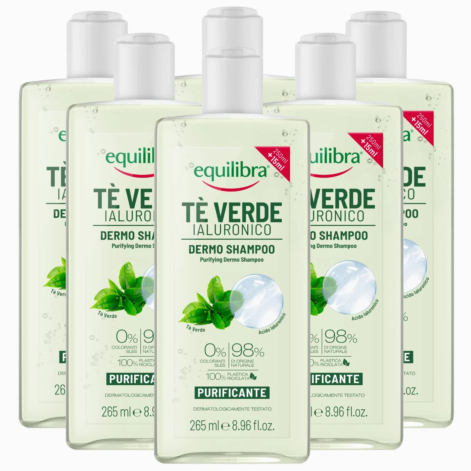 Equilibra Tè Verde Ialuronico Dermo Shampoo Purificante per Capelli Normali e Grassi Sapone con Bergamotto Azione Antiossidante - 6 Flaconi da 265ml