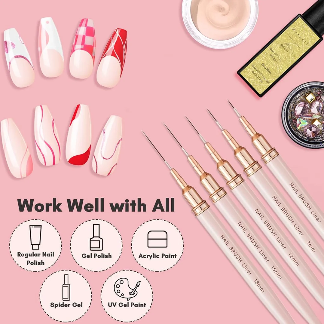 WeddHuis Pennelli per nail art, 5 pennelli per nail art, set di pennelli per disegnare e punteggiare le unghie, per linee lunghe, dettagli sottili, dimensioni 6/9/12/15/18 mm,rosa