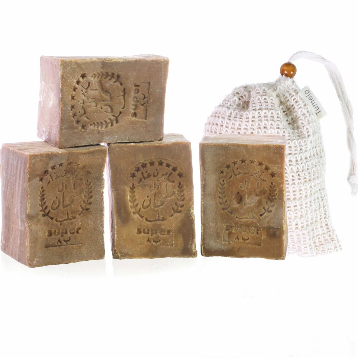 TUMELO Sapone di Aleppo Originale 4 x 200g (800g) 60% Olio d'Oliva 40% Olio di Alloro + Sacchetto di sapone - Sapone all'Olio d'Oliva fatto a mano - Sapone naturale - Sapone solido per capelli