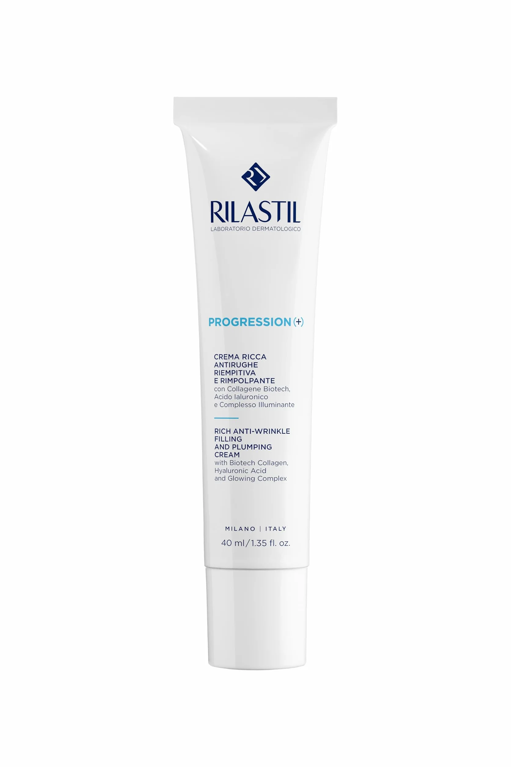 Rilastil Progression(+) Crema Ricca Antirughe Riempitiva e Rimpolpante, Trattamento Rughe Marcate, Antiaging, Rimpolpante per Pelli Mature con Collagen, Acido Ialuronico, Confezione da 40 ml