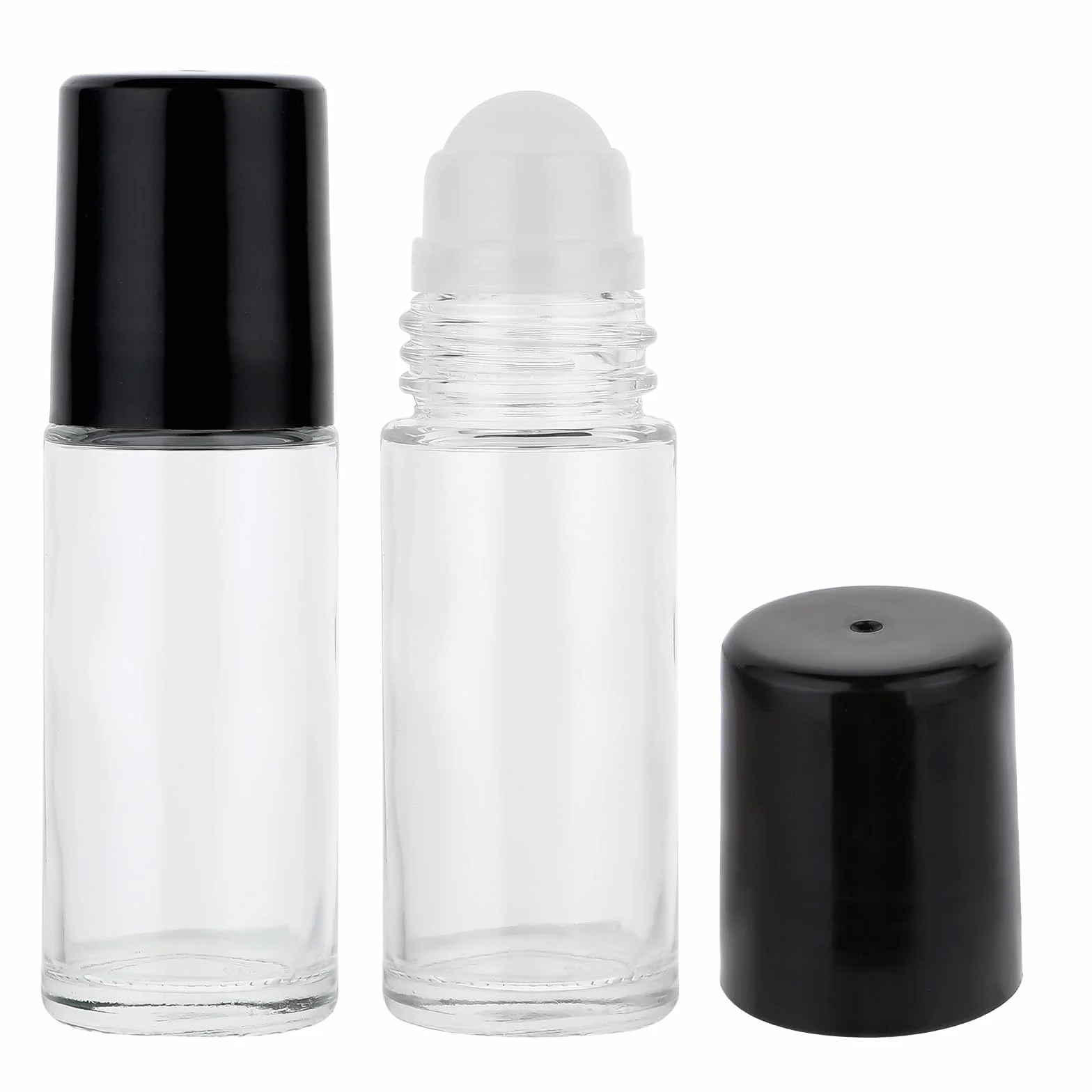 Grevosea 2 bottiglie a rullo, in vetro trasparente nero con sfera a rullo in plastica e coperchio nero, vuote, in vetro, per oli essenziali, 30 ml, ricaricabili, contenitori cosmetici per profumi, oli