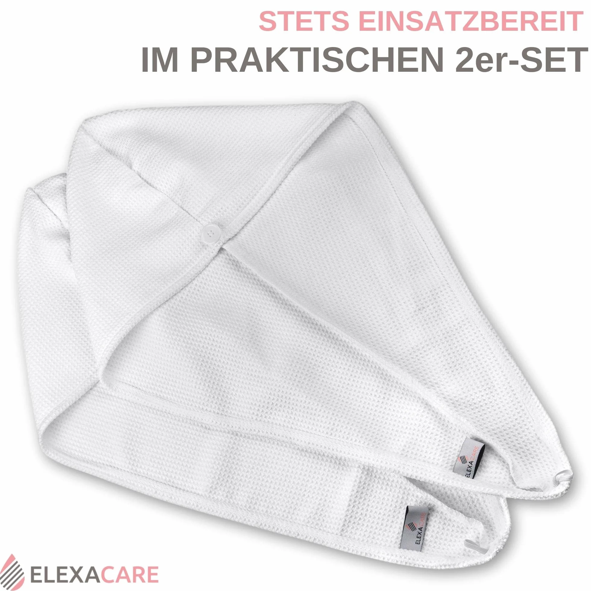Turbante asciugacapelli, asciugacapelli in turbante con bottone (2 pezzi, bianco alpino), asciugamano in microfibra per testa e capelli lunghi
