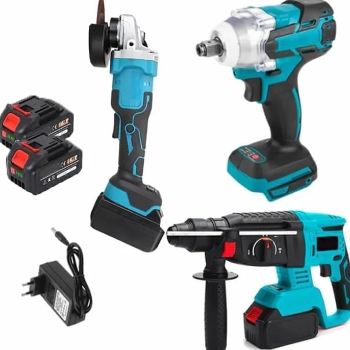 Kit Completo Professionale 3 in 1 Trapano Tassellatore Avvitatore ad Impulsi Smerigliatrice a Batteria 700W Due Batterie 4000 mAh Valigetta