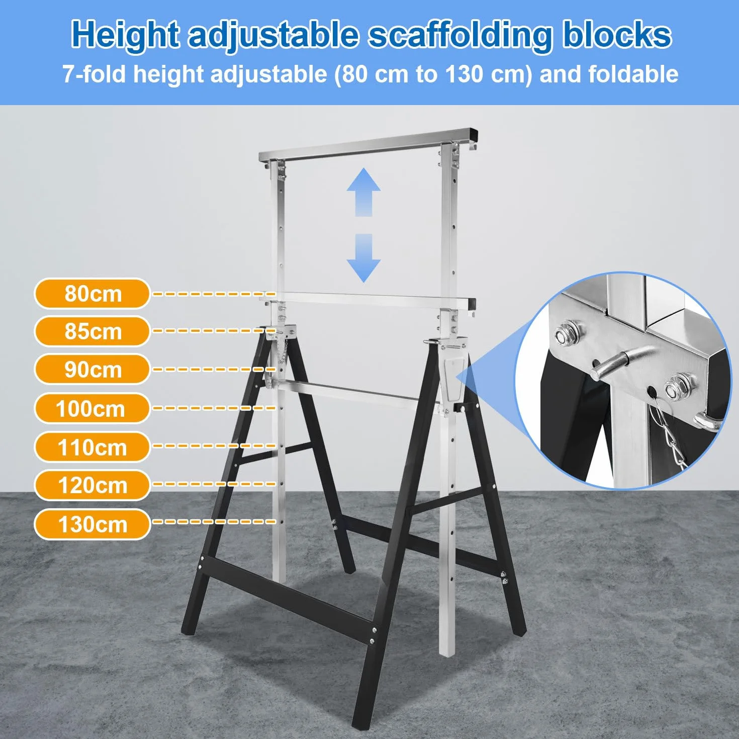 Cavalletti da Lavoro Regolabili in Altezza 7 Livelli 80-130 cm, Portata 400 kg a Coppia, Pieghevoli Nero