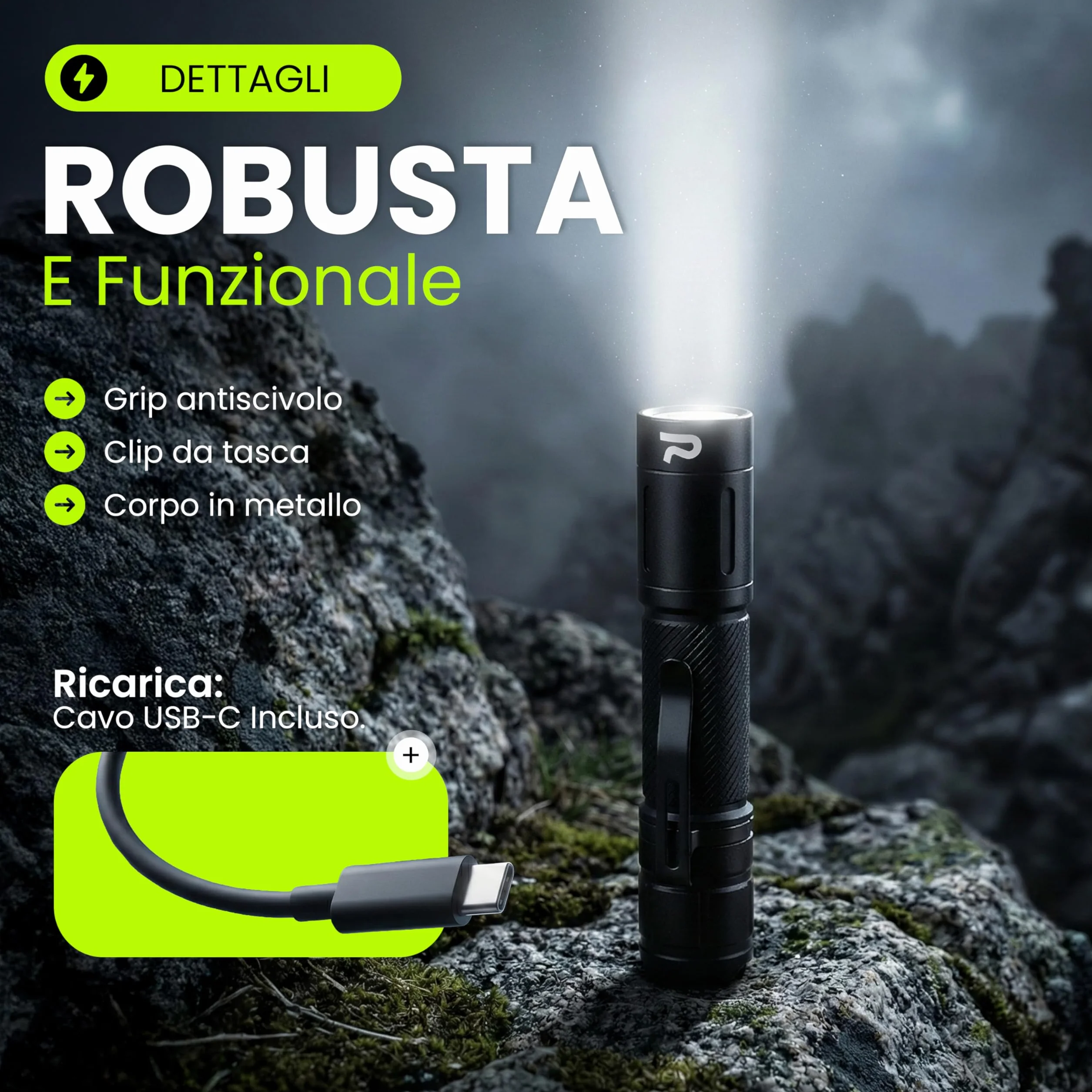Generico Torcia Professionale Ricaricabile USB LED Alluminio 11,8 cm Nero