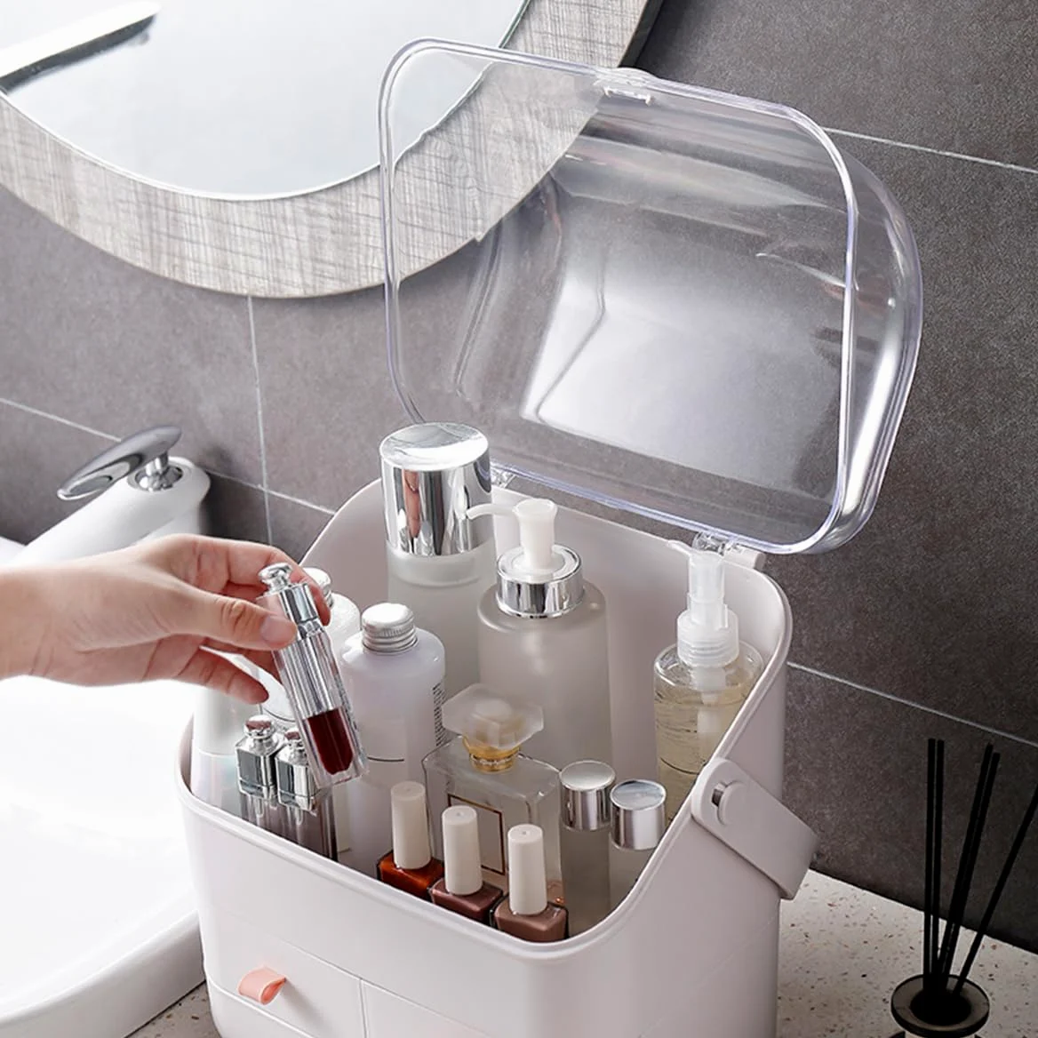 Organizer per trucchi, organizer antipolvere a 3 strati con cassetti, custodia per la cura della pelle, scatola portaoggetti per camera da letto e bagno, impermeabile, bianco