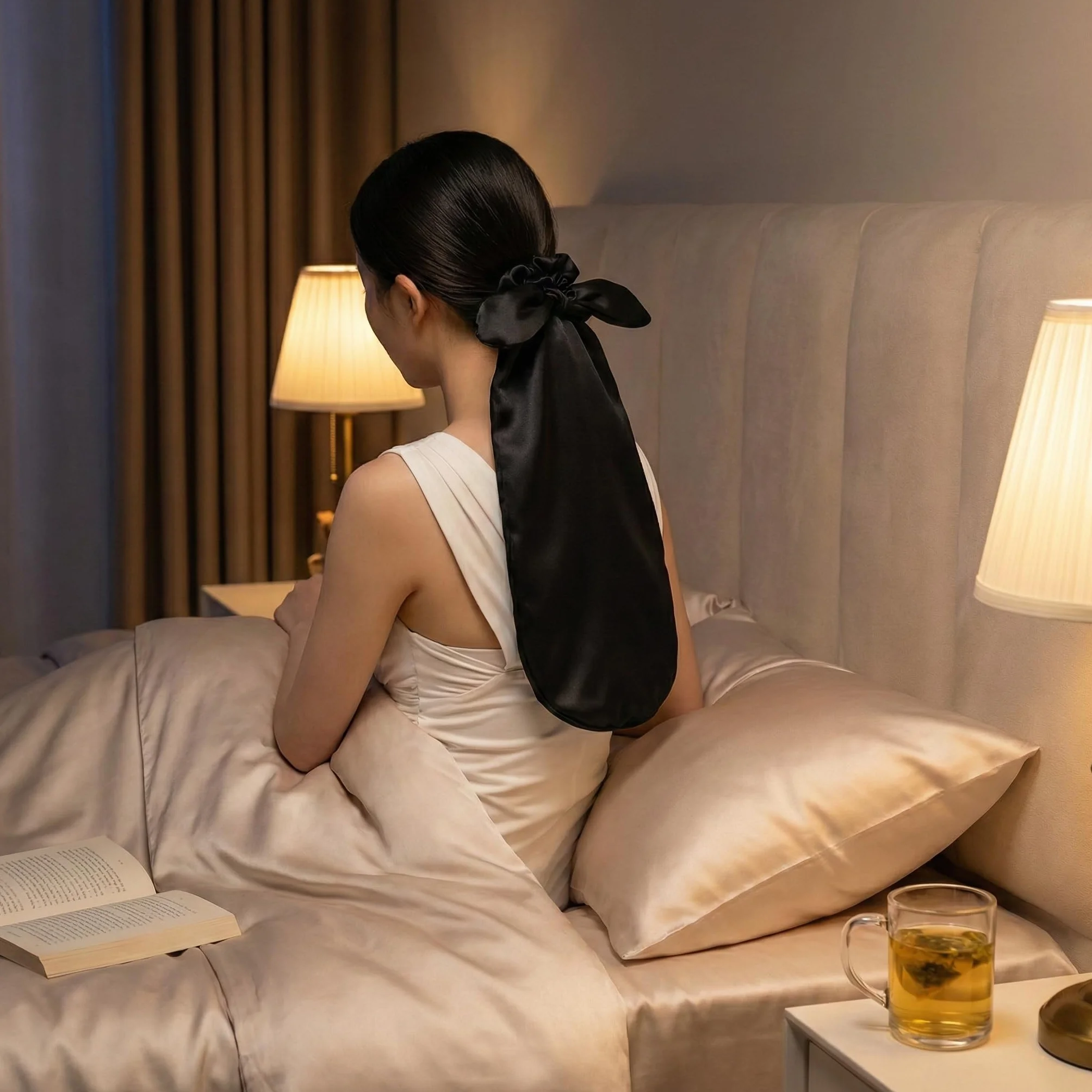 Berretto in seta per capelli lunghi con elastici in seta neri cuffia notte capelli lisci senza nodi protezione capelli per dormire casa lavoro
