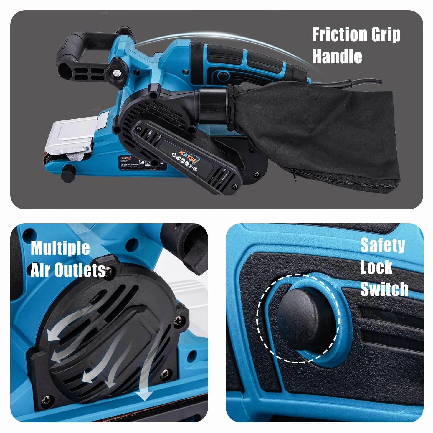 KATSU Levigatrice a Nastro 900W 76x533mm 6 Velocità Cambio Nastro Senza Attrezzi