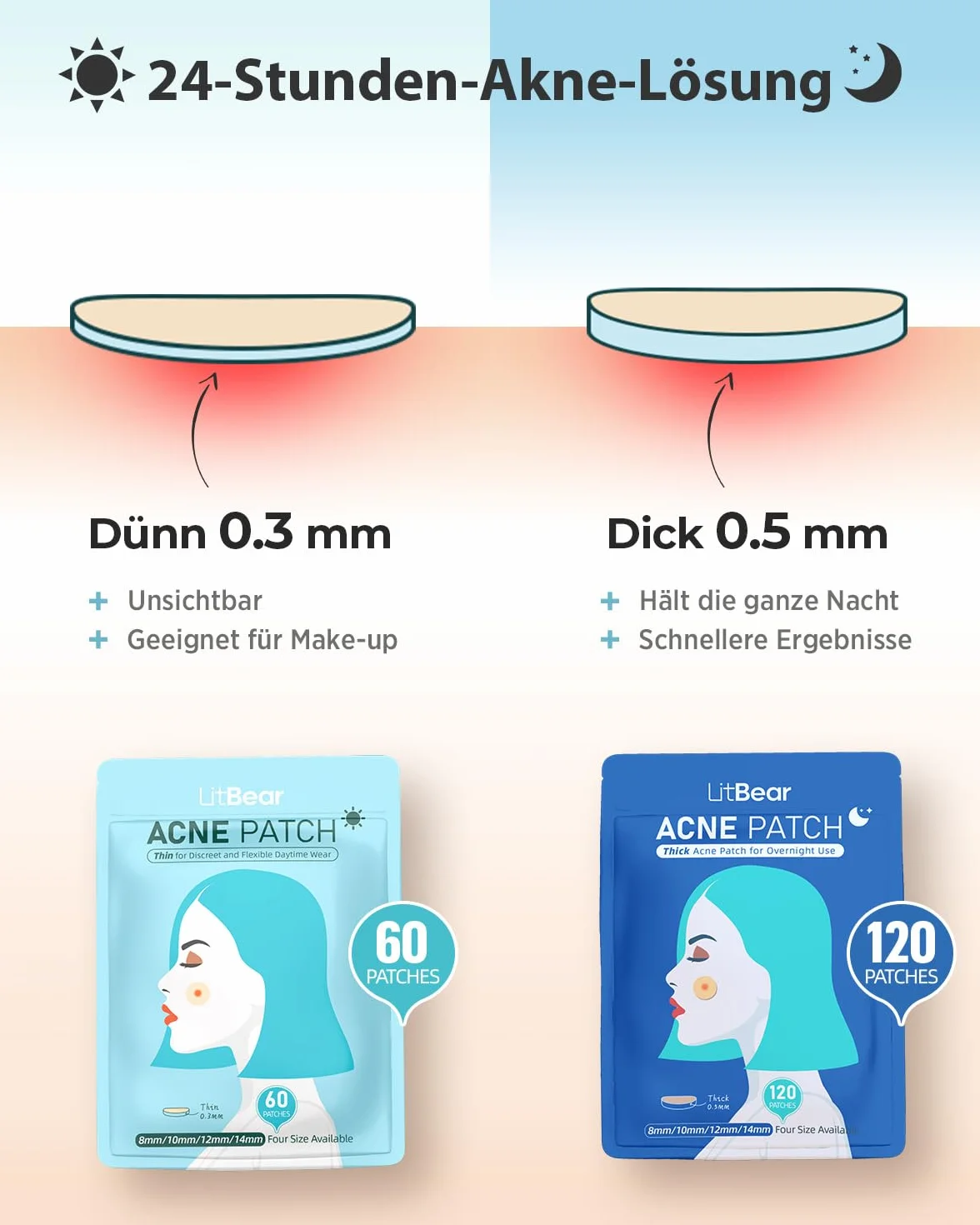 LitBear Pimple patches, 4 misure per giorno e notte, 180 toppe idrocolloide sottili e spesse con amamelide, olio di tea tree e calendula, extra adesività per il viso