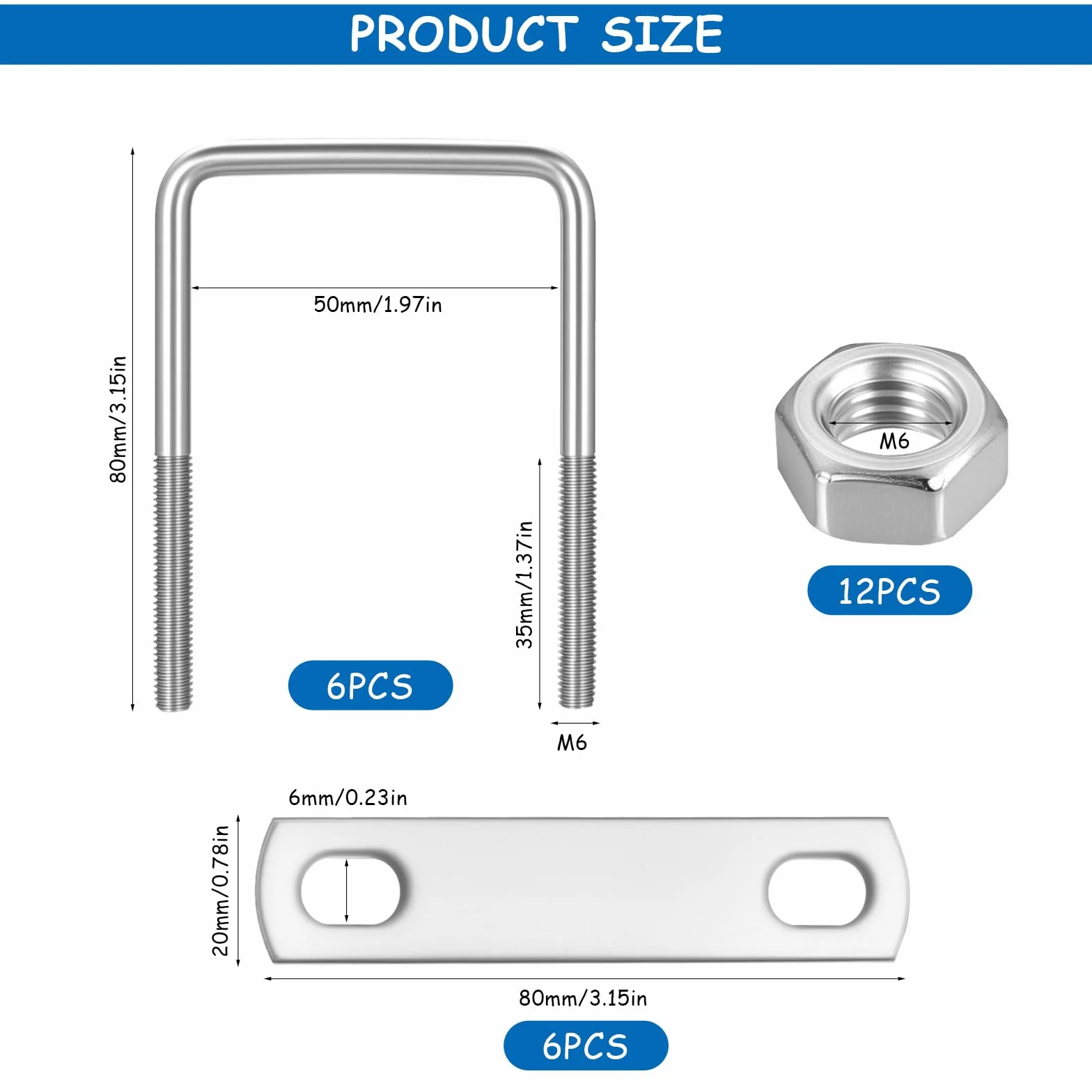 Bulloni a U con Piastre M6 x 50 x 80 mm Acciaio Inox Quadrato Kit Fissaggio per Telaio