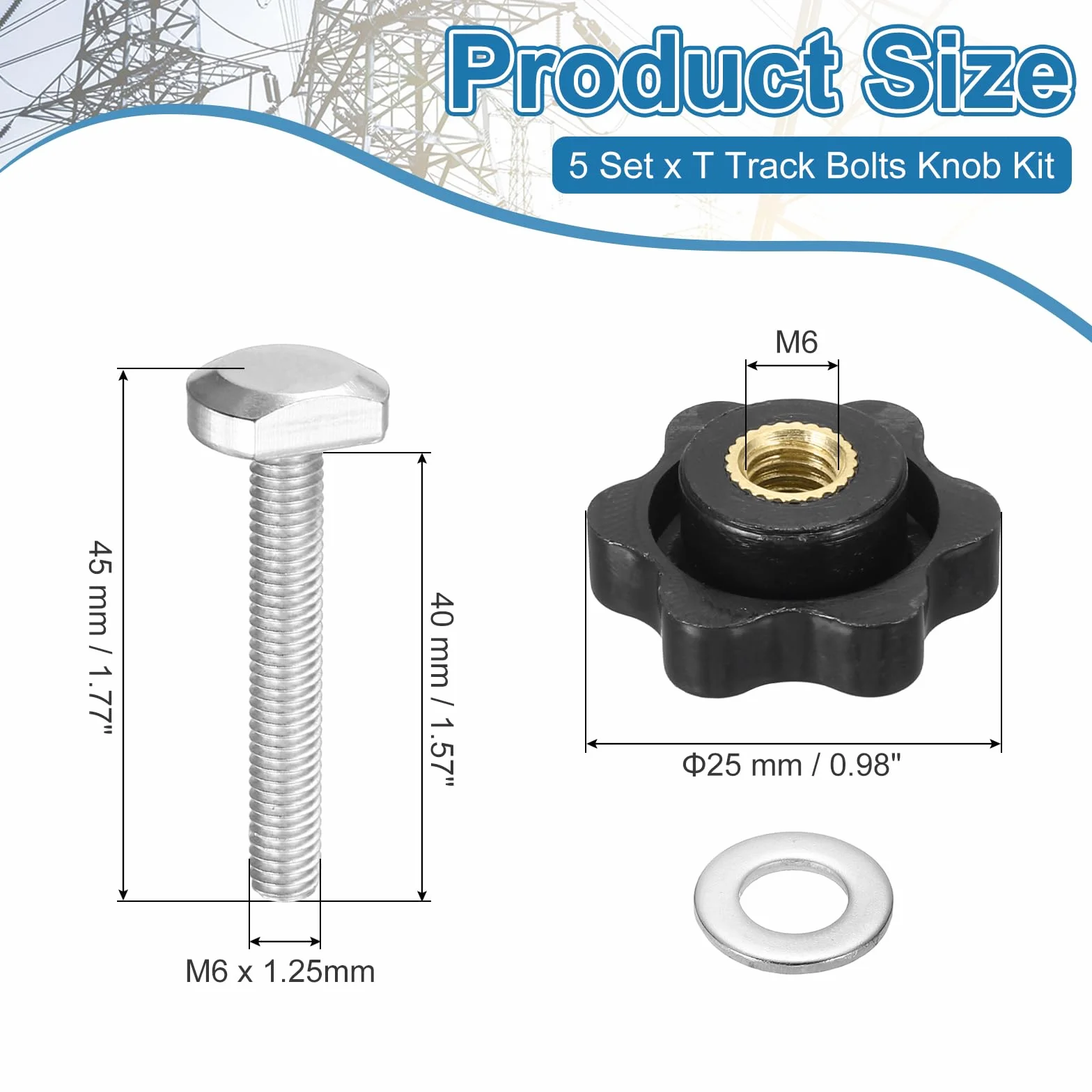 PATIKIL Kit Bulloni T-Track M6 x 40mm x 25mm Filettati Rondelle Dadi Stella 6 Punte, Argento Nero