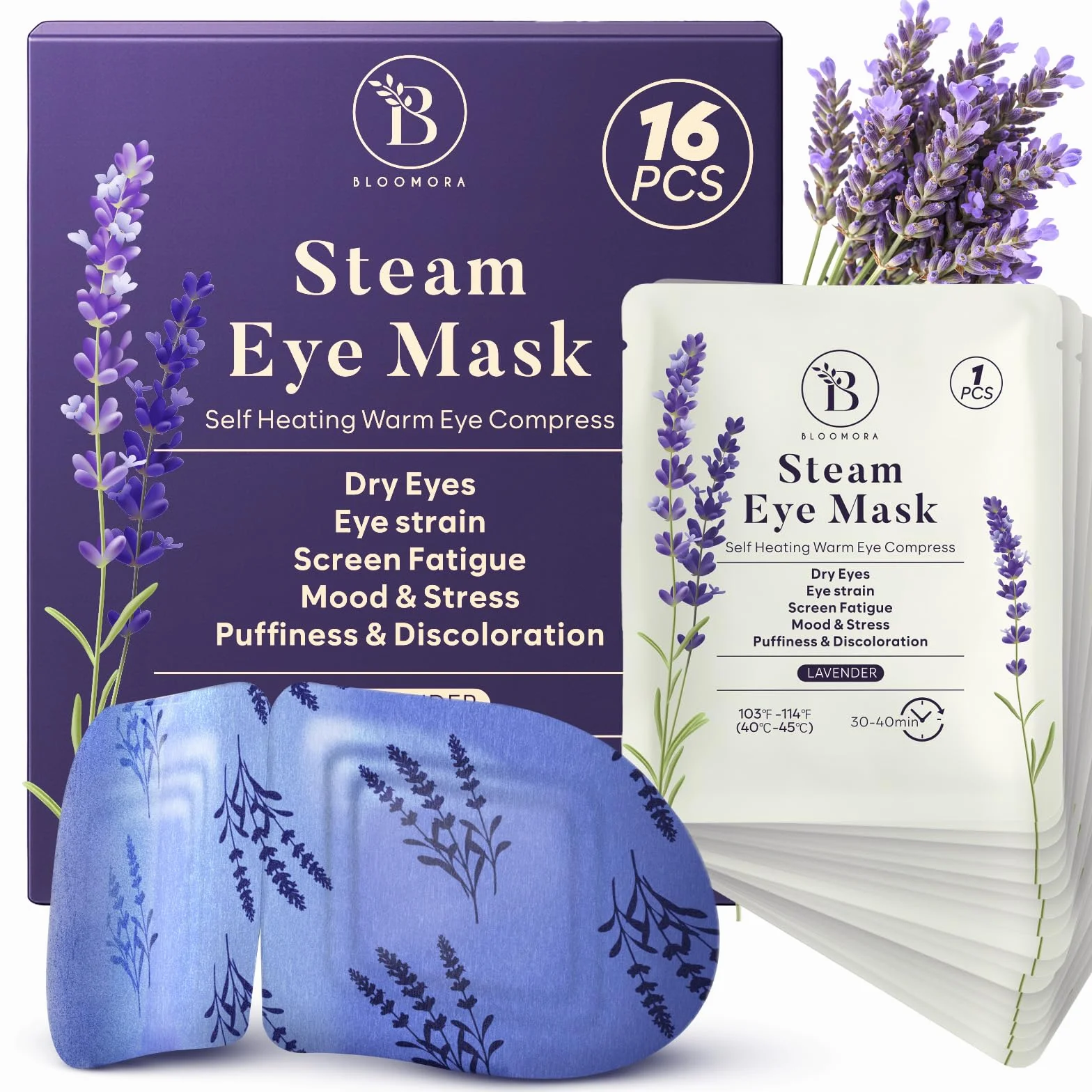 Confezione da 16 Maschere Riscaldanti alla Lavanda – Maschera a Vapore per Occhi Secchi, Gonfiore, Affaticamento e Rilassamento – Maschera Riscaldante Occhi Monouso per Sonno e Viaggio