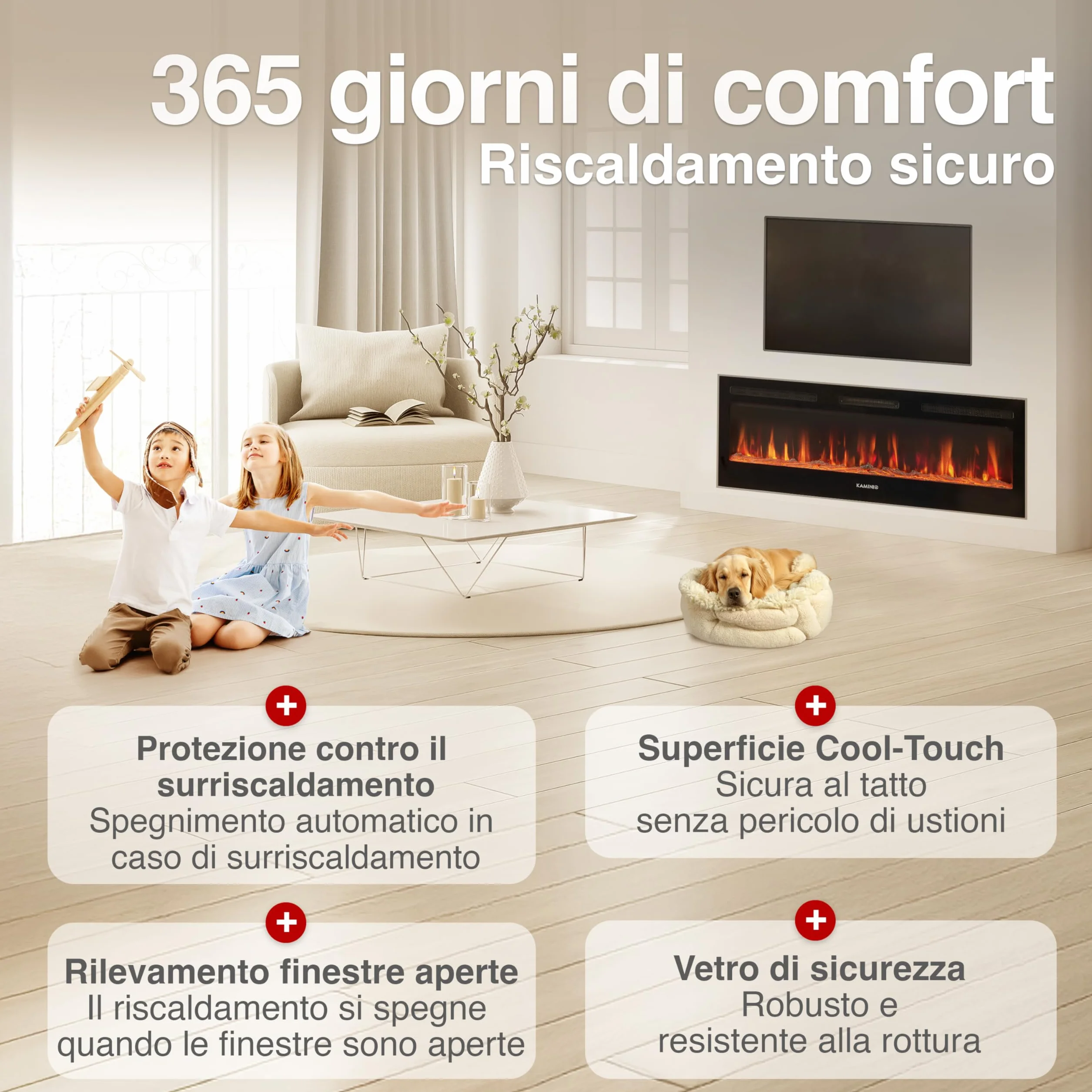 Kaminio Camino elettrico MARLON 3-in-1 con riscaldamento, effetto fiamma 3D, 12 colori, telecomando 60 pollici