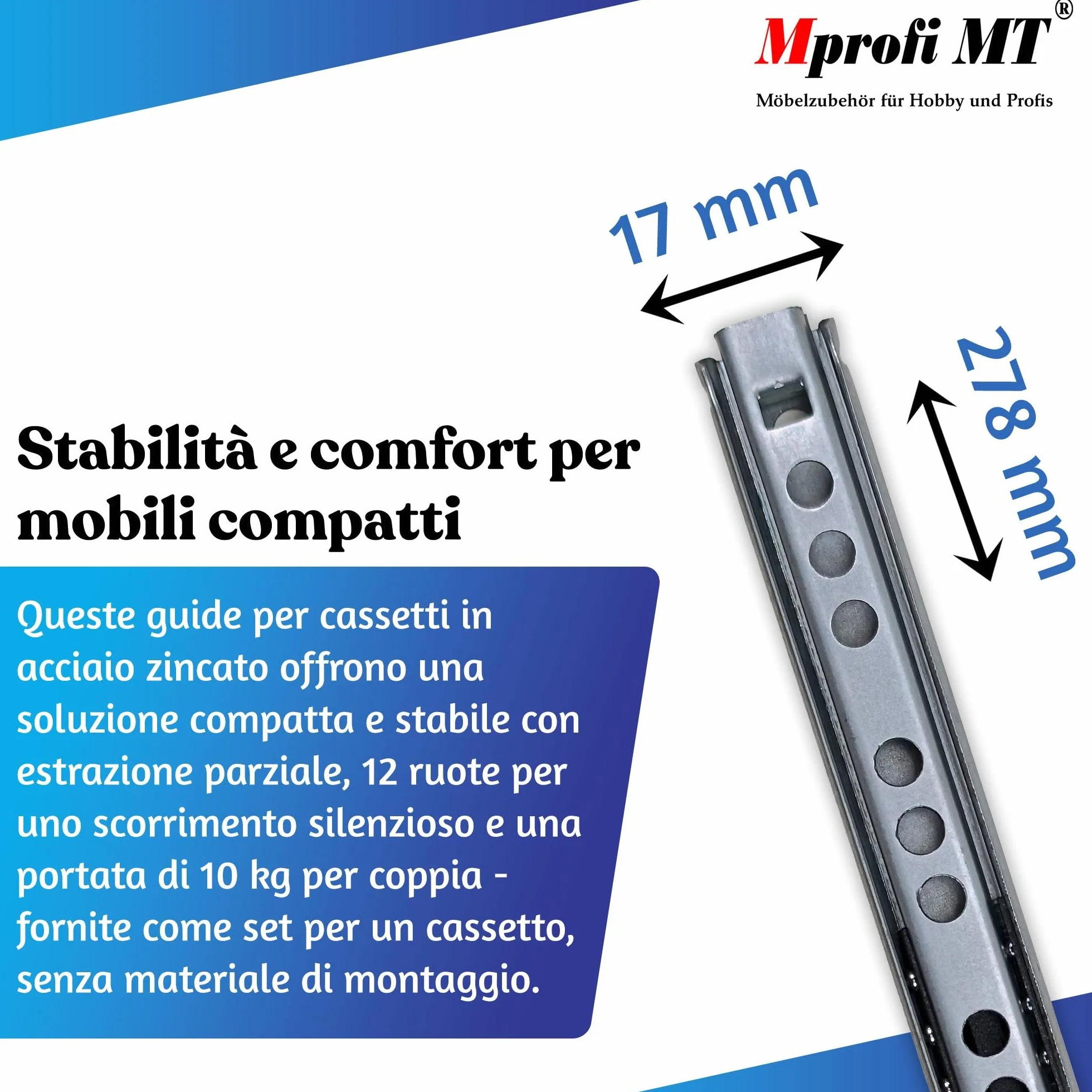 Guide per Cassetti 17mm x 278mm Estrazione Parziale Telescopica a Sfere 2 Pezzi