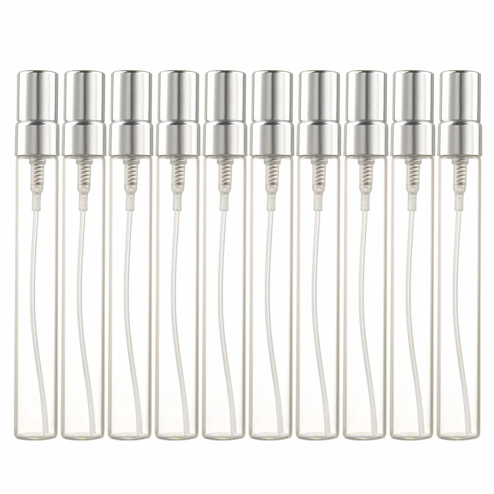 10 ml 10 pezzi Bottiglia di vetro spray ricaricabile per profumo Mini flacone campione di prova, fiale di vetro sottile, argento