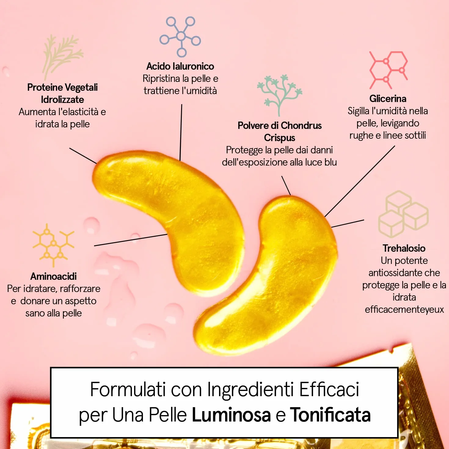 Patch Occhi (24 Paia, Oro) – Riduce Occhiaie, Gonfiori, Borse Sotto gli Occhi e Rughe – Patch Borse in Gel – Maschera Occhi Vegan, Non Testata Sugli Animali – Eye Patch by grace & stella