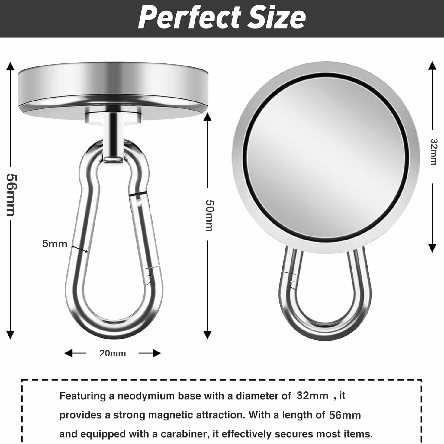 Calamite Neodimio 30KG 4 Pezzi Ganci Magnetici 32mm Ruotabili 360° per Frigorifero Cucina Garage