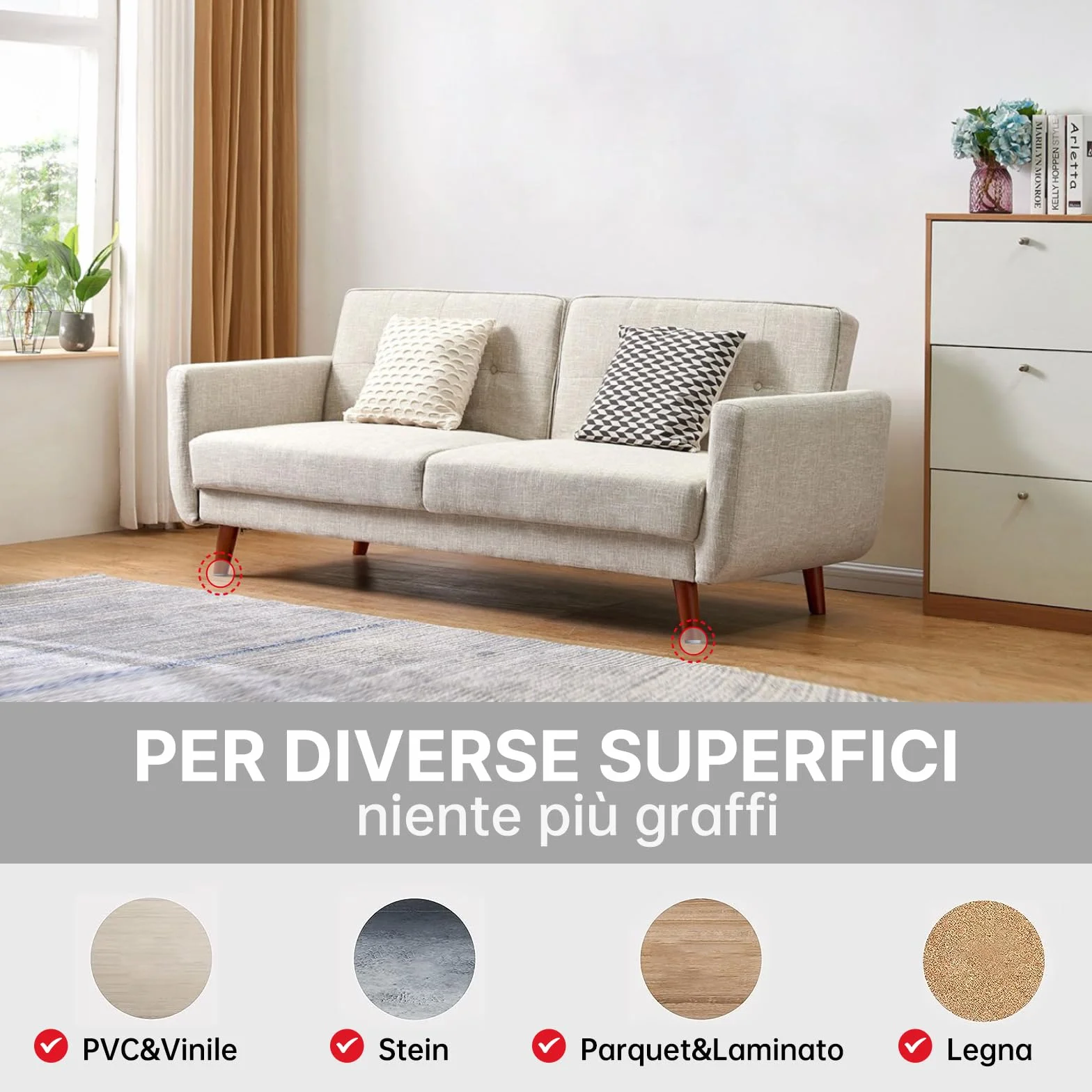 Feltrini Adesivi per Mobili 225 Pezzi, Rotondi Quadrati 3mm, 8 Taglie, Antiscivolo per Sedie Pesanti - Grigio