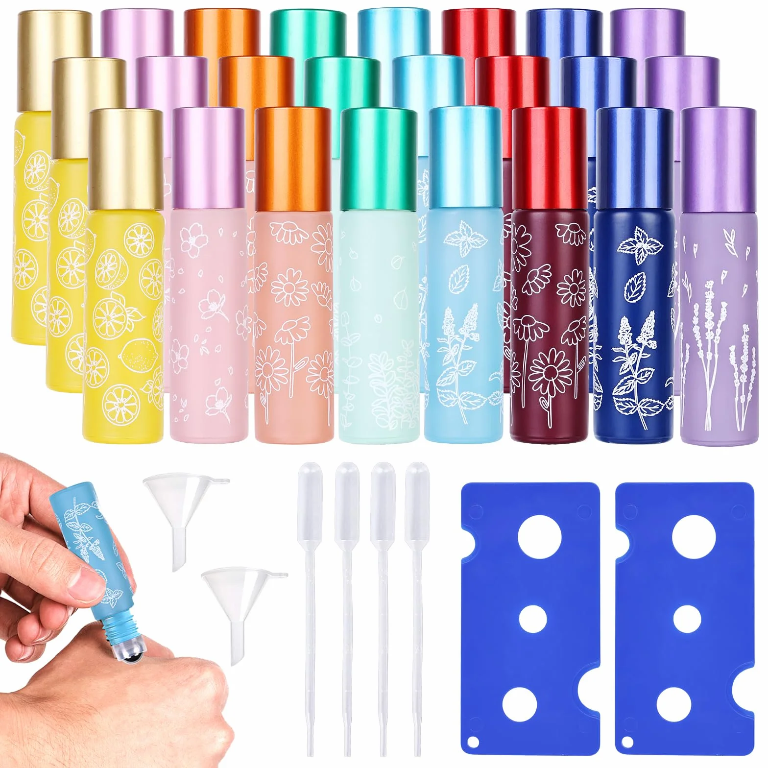 24 bottiglie di vetro per oli essenziali, bottiglie roll-on con palline, multicolore
