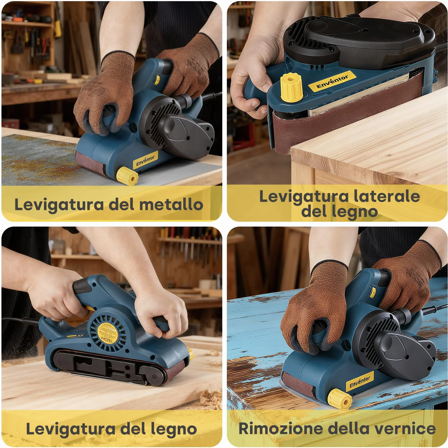 Enventor Levigatrice a Nastro 950W 6 Velocità 120-380m/min 12 Nastri Abrasivi 76 x 533mm Sacchetto Raccoglipolvere