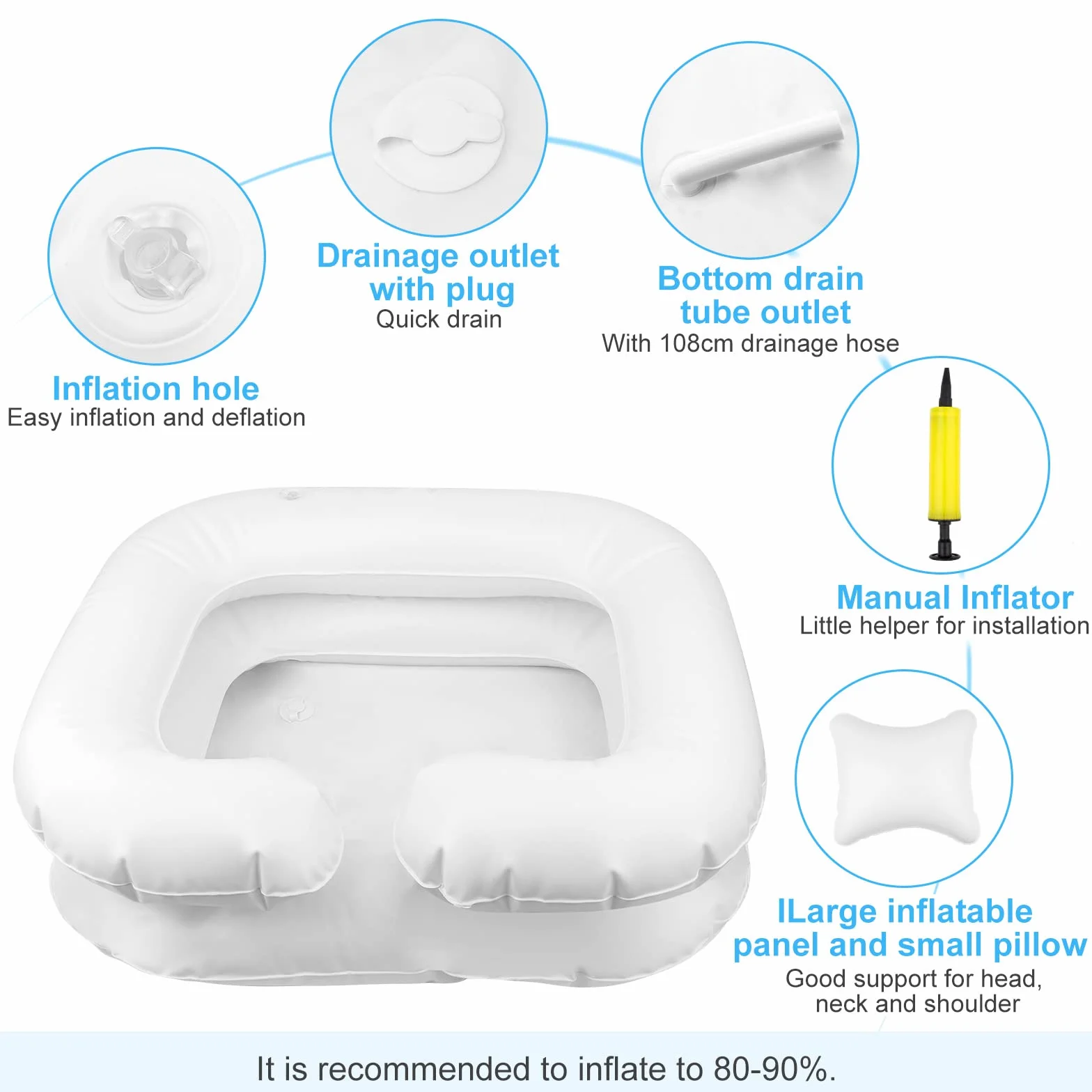 Lavatesta Gonfiabile Portatile per Parrucchieri, Lavandino Mobile con Cuscino Piccolo, Drain Tubo, Bacinella Bacino per Lavaggio Capelli, 60x55x22cm Bianco