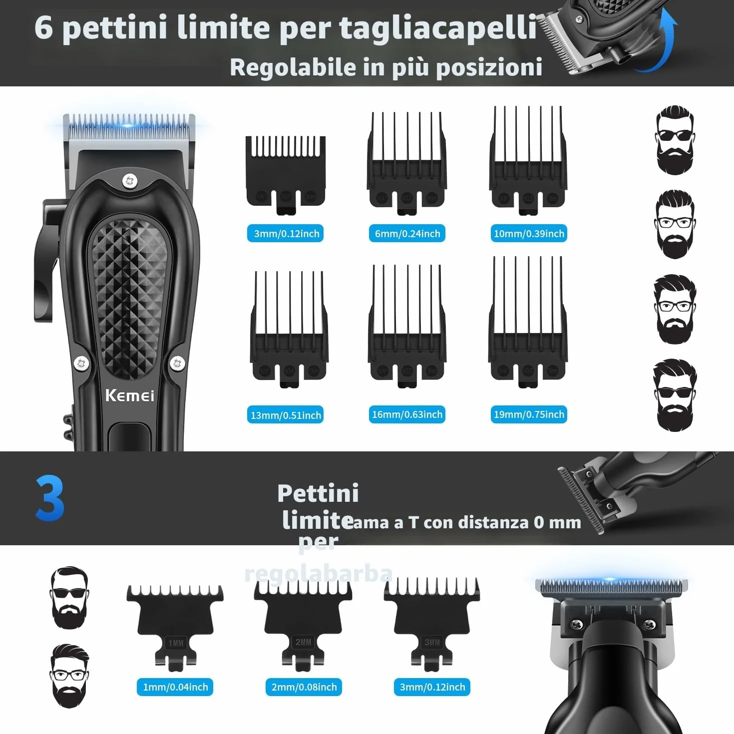 KEMEI Tagliacapelli professionale per uomo, set completo senza fili con trimmer a lama T, rasoio con lamina e 9 pettini guida