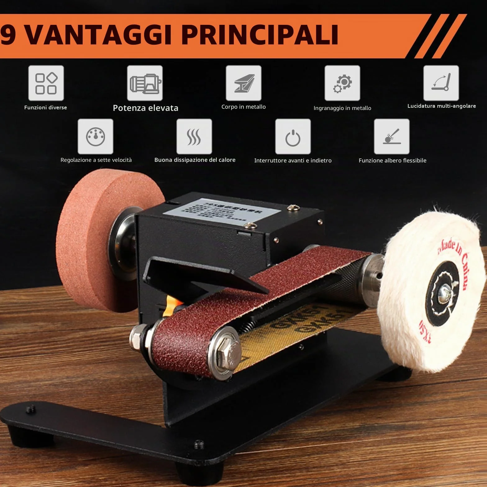 Levigatrice a Nastro Elettrica 7 Velocità con 10 Nastri Abrasivi per Metallo Legno Affilacoltelli