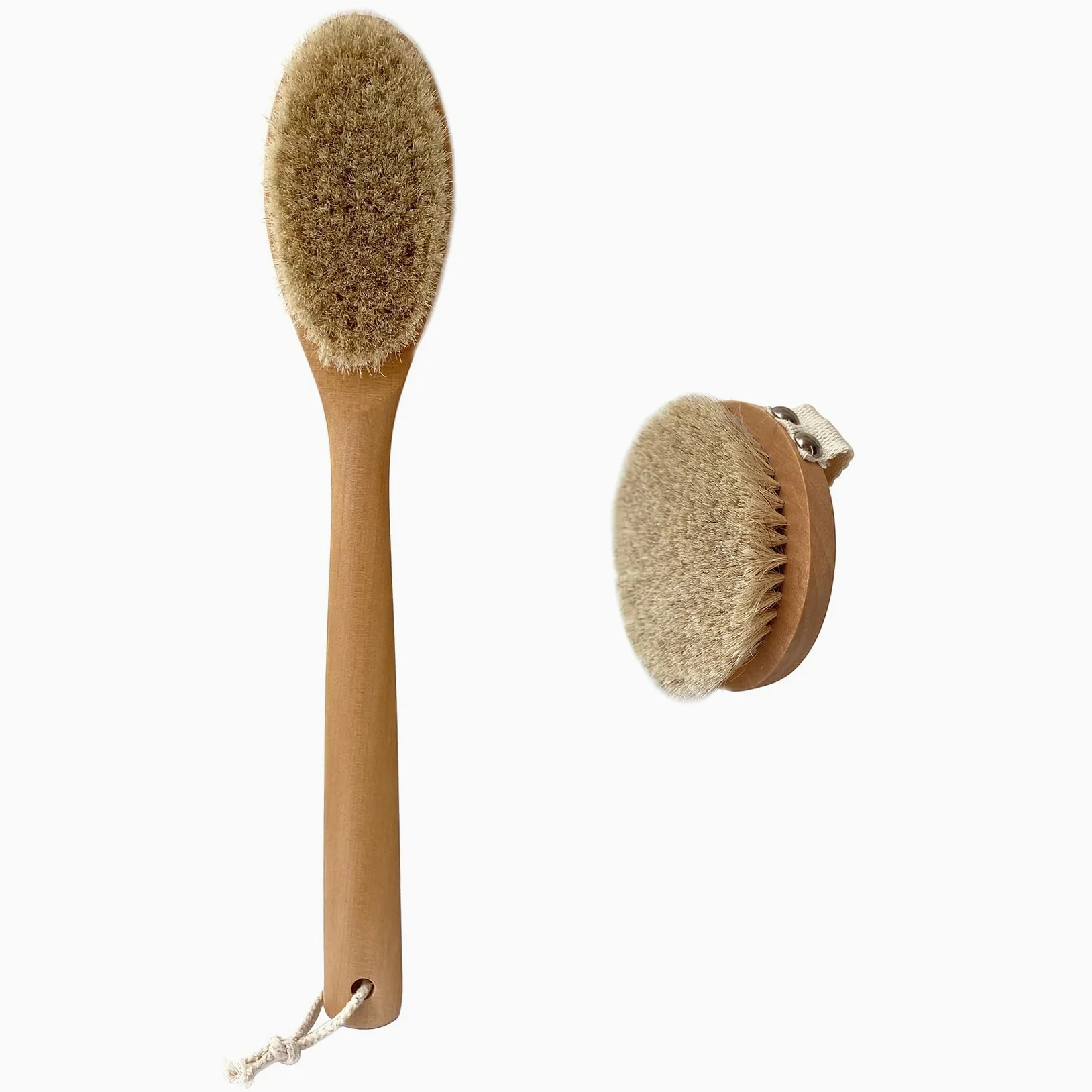 2 spazzole da bagno in crine di cavallo al 100% (41 cm ovale + 12 cm rotondo), con manico in legno di faggio, spazzola per il corpo completamente naturale, spazzola per doccia con manico lungo