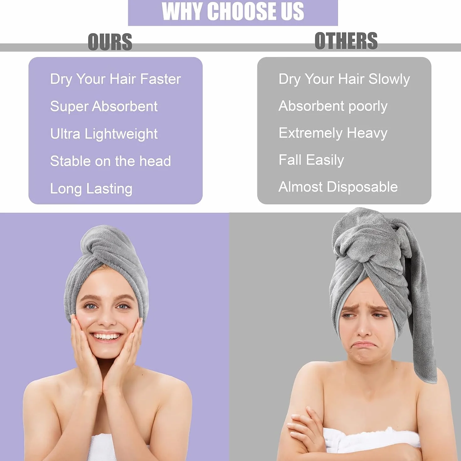 Asciugamani in microfibra per capelli in confezione da 2, turbante anti crespo, ad asciugatura rapida, ad assorbimento rapido, da donna, turbante per capelli ricci e bagnati, per ragazze e