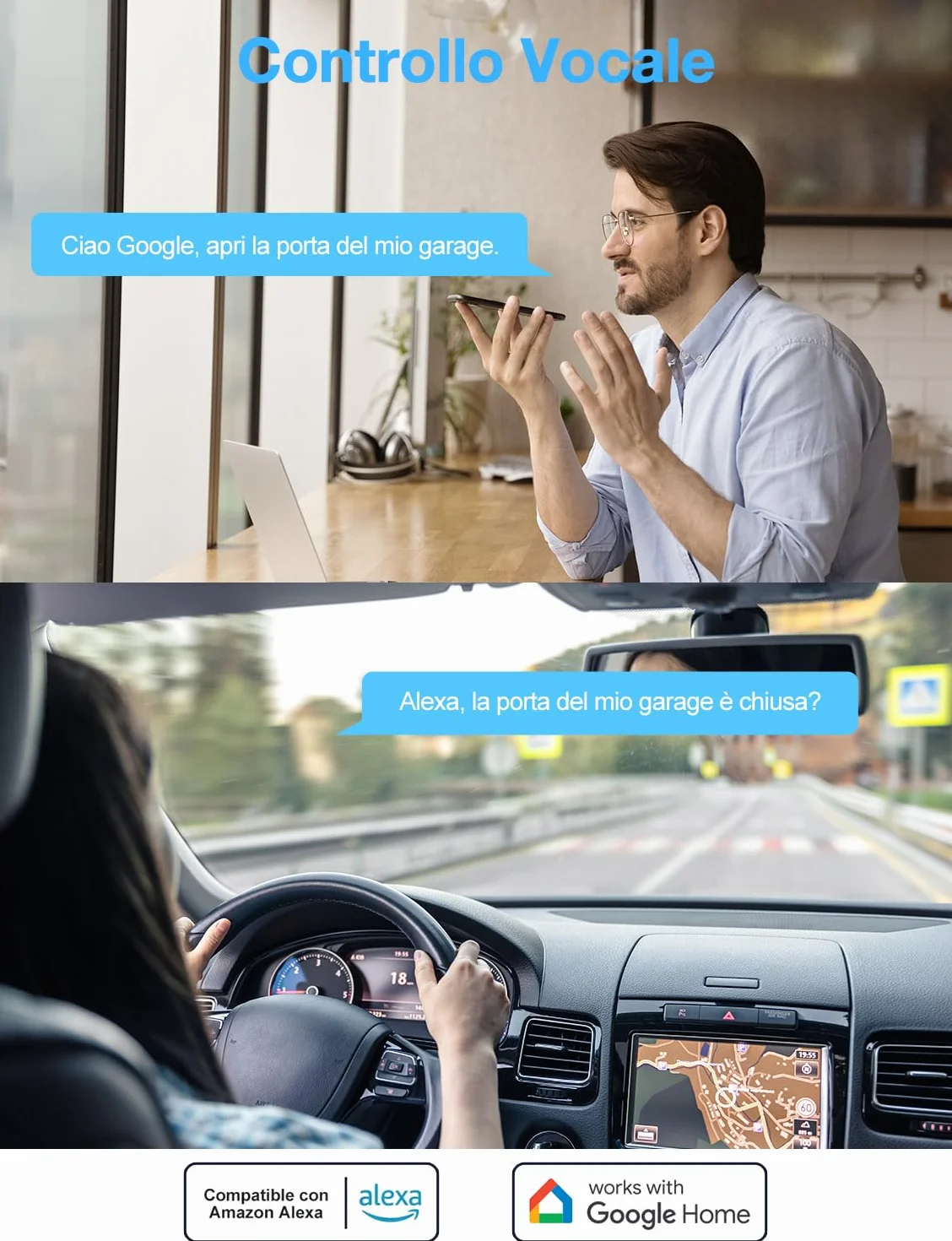 Maxcio Apriporta WiFi Garage Door Opener, Intelligente Compatibile con Alexa/Google Home, APP Controllo Remoto, AC/DC