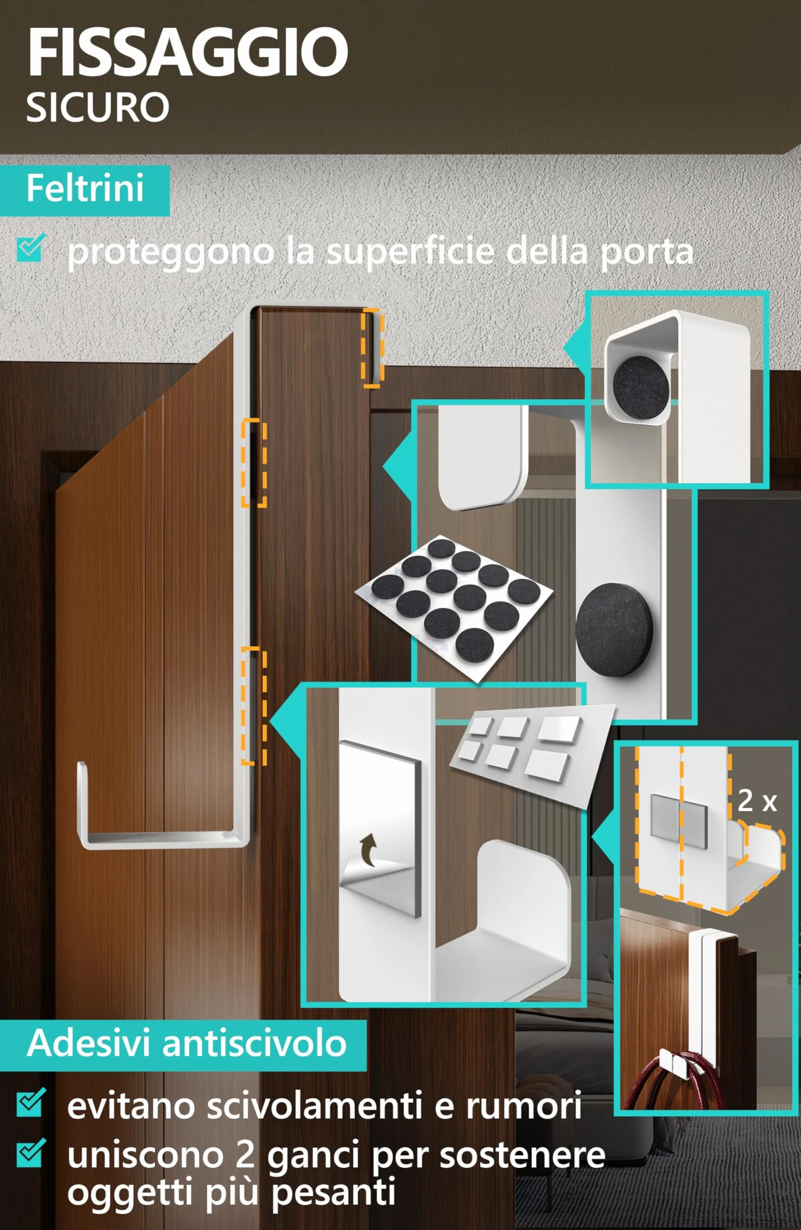 Appendiabiti da Porta Bianco 6 Ganci Acciaio Inox Attaccapanni Gancio Porta Elevata Capacità di Carico