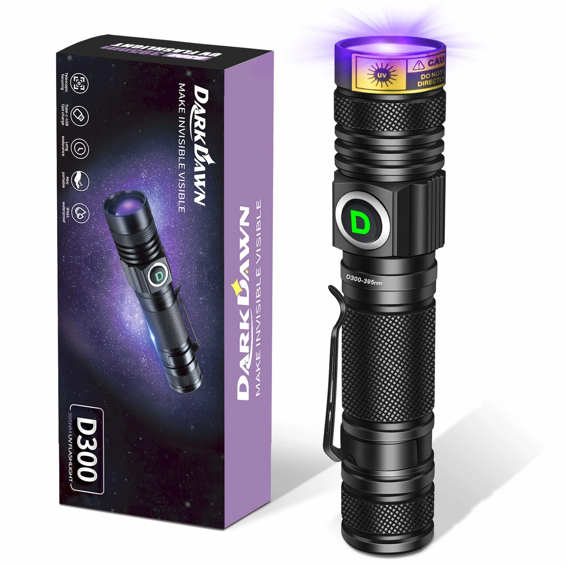 DARKDAWN Torcia UV 395nm Ricaricabile USB, Lampada di Wood Ultravioletti Luce Nera per Polimerizzare Resina