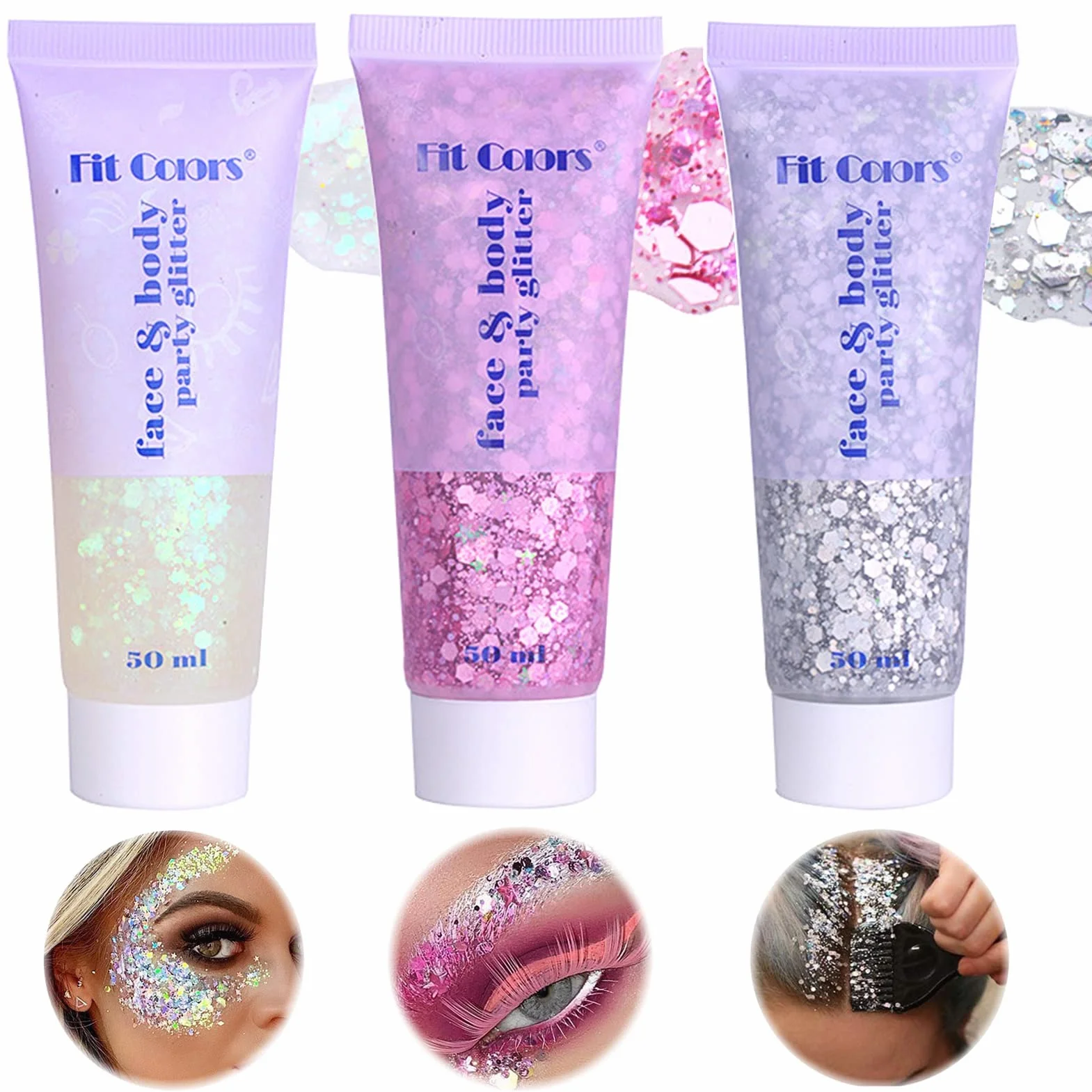 Miioto Glitter Corpo Gel, Glitter Corpo e Capelli, Brillantini Corpo,Glitter Make Up, Brillantini Adesivi per Viso, Glitter Gel per Viso, Unghie, Occhi,Labbra,Capelli,Corpo,Feste in Maschera, 3 Colori