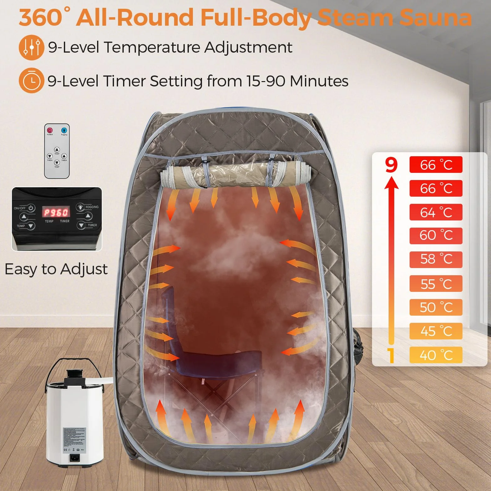 HOMASIS Sauna Portatile con Generatore di Vapore da 3 Litri, Telecomando, 9 Livelli Temperatura, Sedia Pieghevole e Massaggia Piedi Grigio