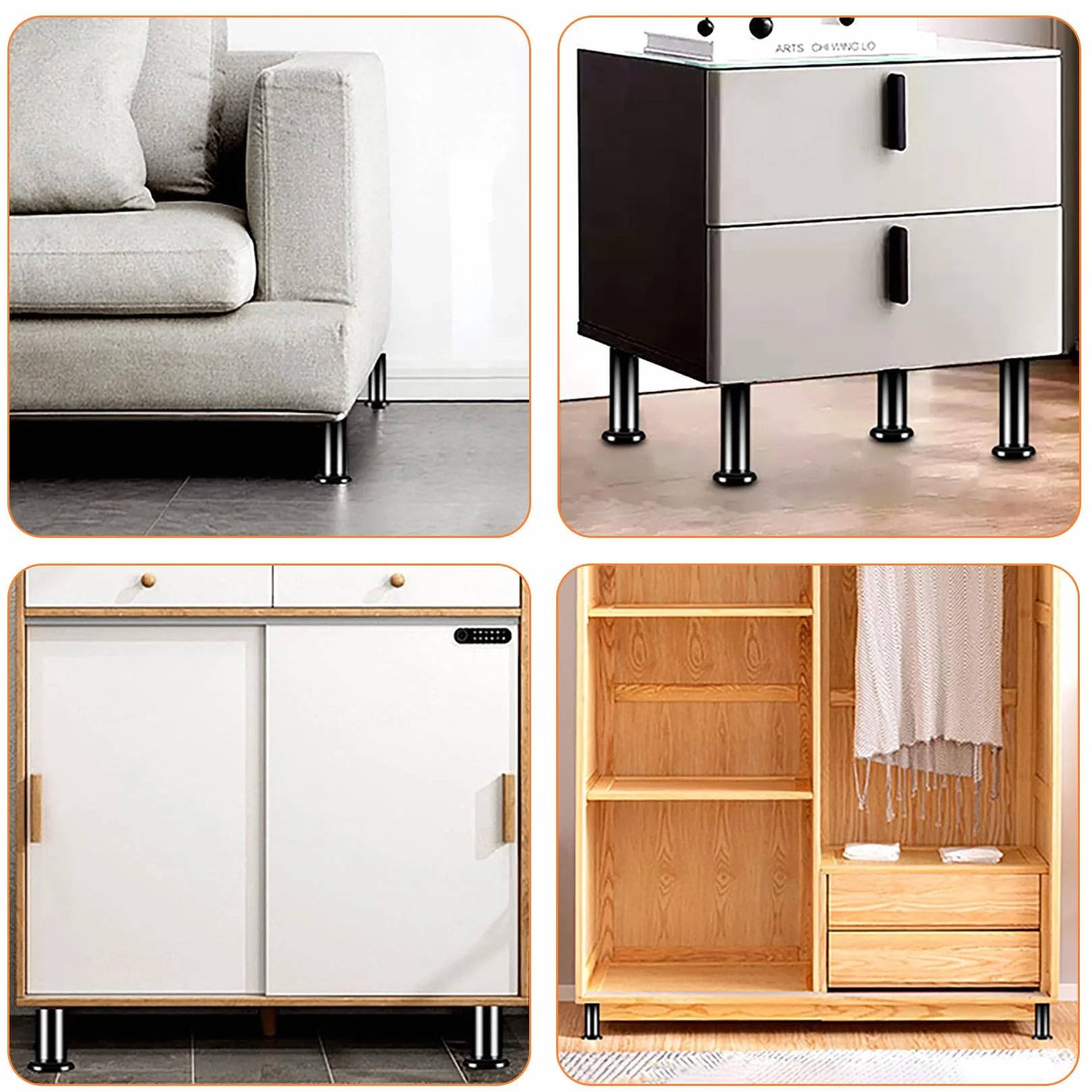 Piedini Regolabili per Mobili in Altezza 12-18cm Nere, Gambe per Tavolo Sedia Divano Letto Armadietti + 16 Viti