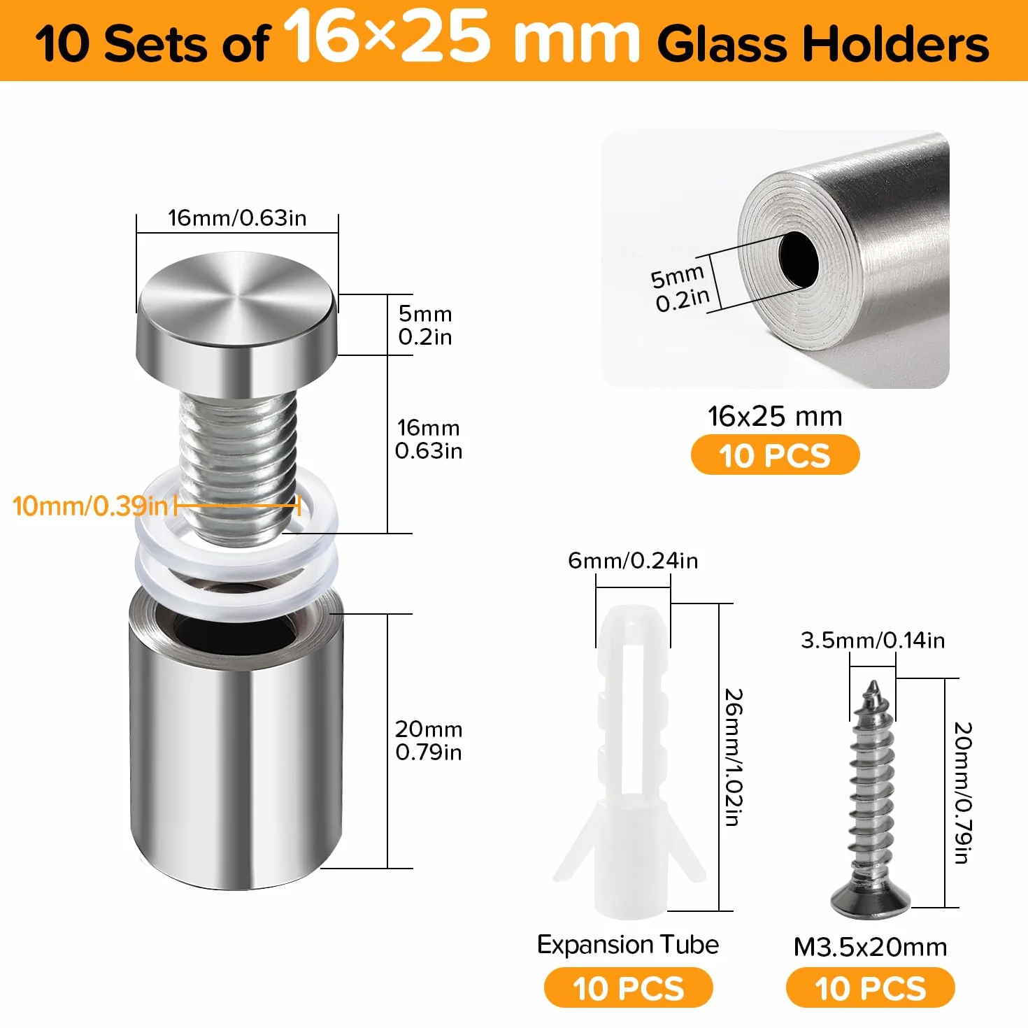 Distanziali per Targhe 16×25 mm Acciaio Inox, Vite di Vetro Standoff Bulloni Supporto, 10 Pezzi