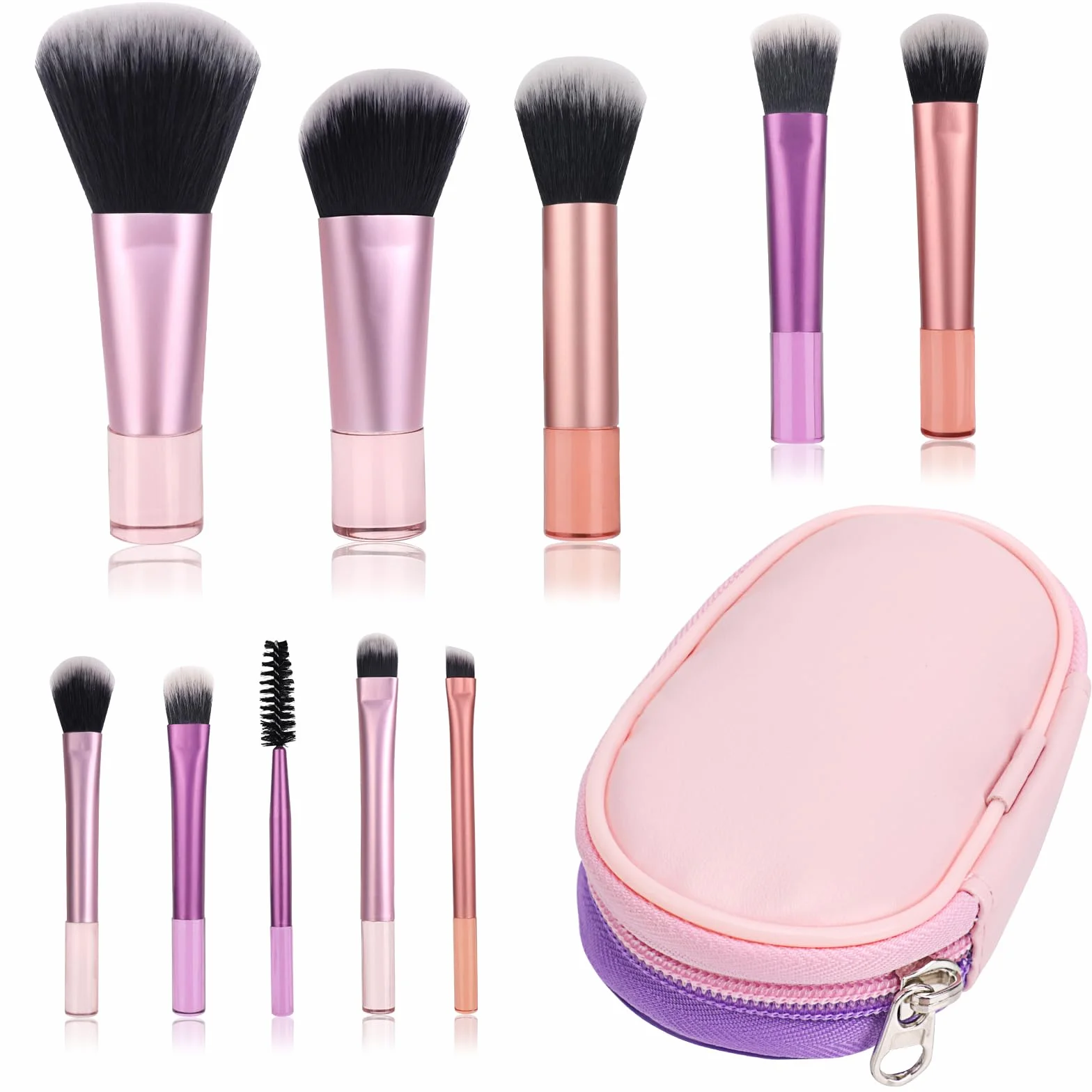 Mini Set di Pennelli per il Trucco, Set di Pennelli per il Trucco da 10 Pezzi da Viaggio con Borsa in Pu, Set di Pennelli per Cosmetici Portatile per Viaggi d'Affari, Vacanze, Campeggio (Rosa e Viola)