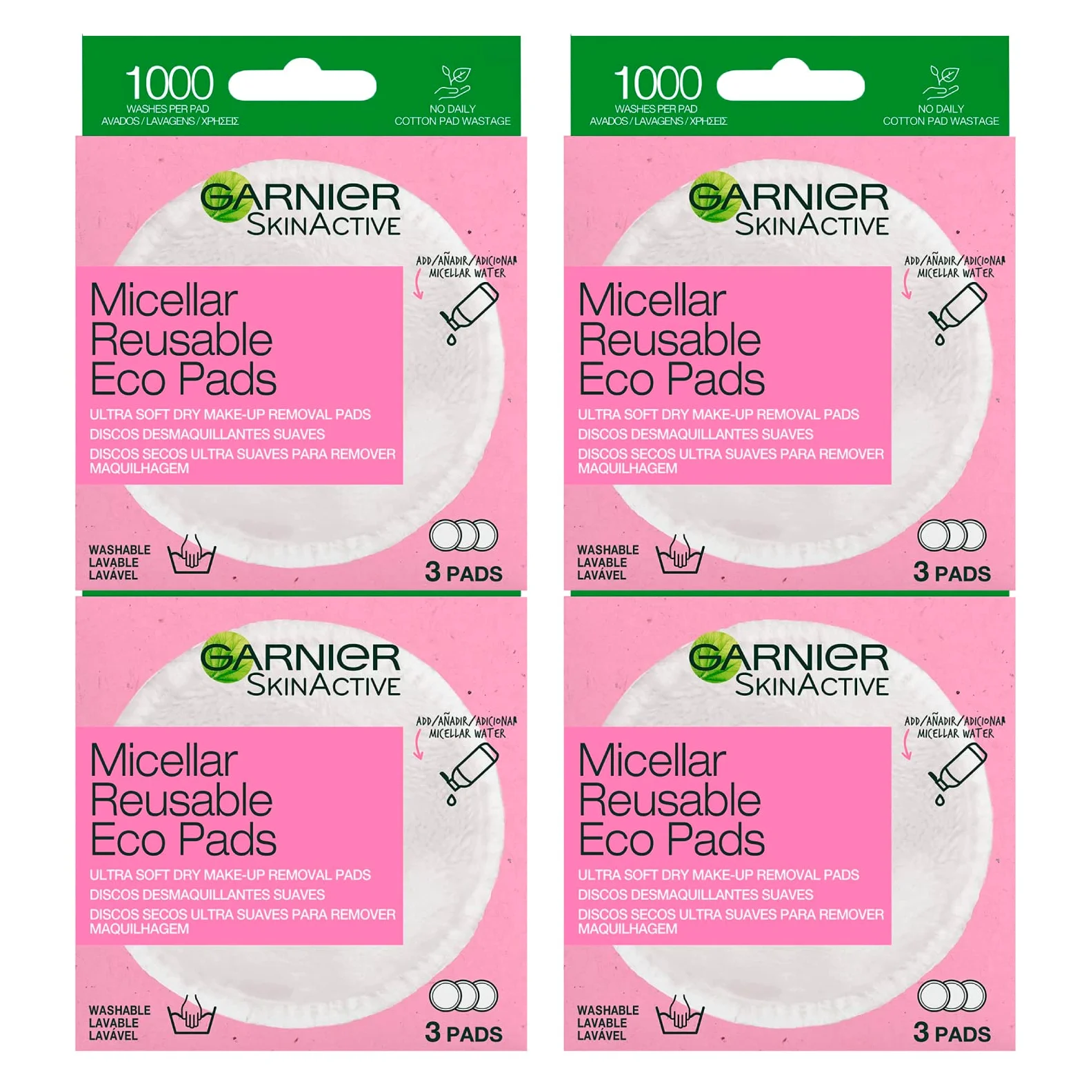 Garnier SkinActive Eco Pads Dischetti Micellari Struccanti in Microfibra Ultra Morbida Lavabili Riutilizzabili Ipoallergenici Viso Occhi Labbra per Pelli Sensibili 1000 Lavaggi - 4 Confezioni da 3 Pad