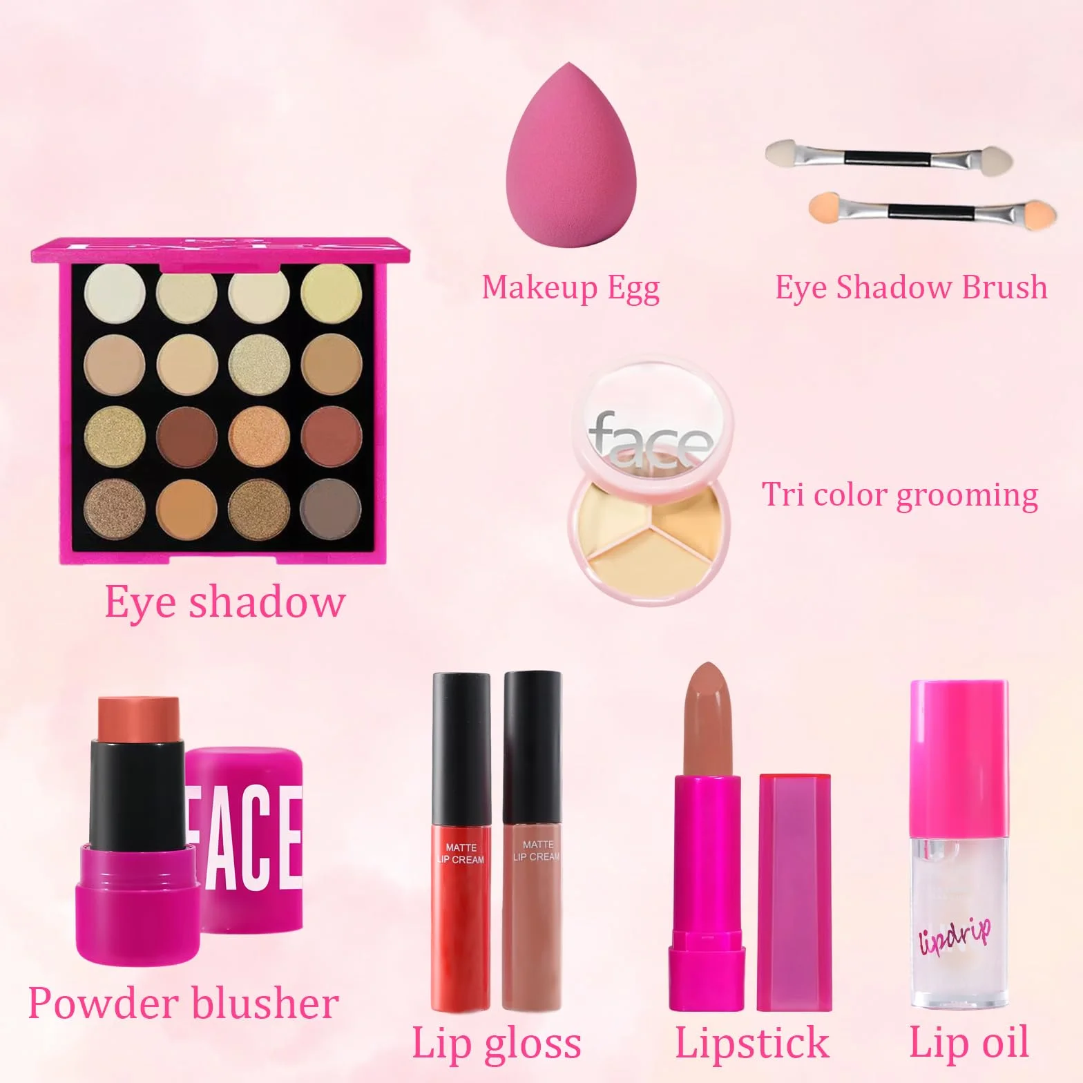 Mini Set Trucco Completo 10 Pezzi con Palette Ombretti 16 Colori, 2 Rossetti Liquidi Opachi, Rossetto, Olio Labbra, Blush Stick, Correttore 3 Colori, Pennelli, Spugna, Idea Regalo Donna Ragazza
