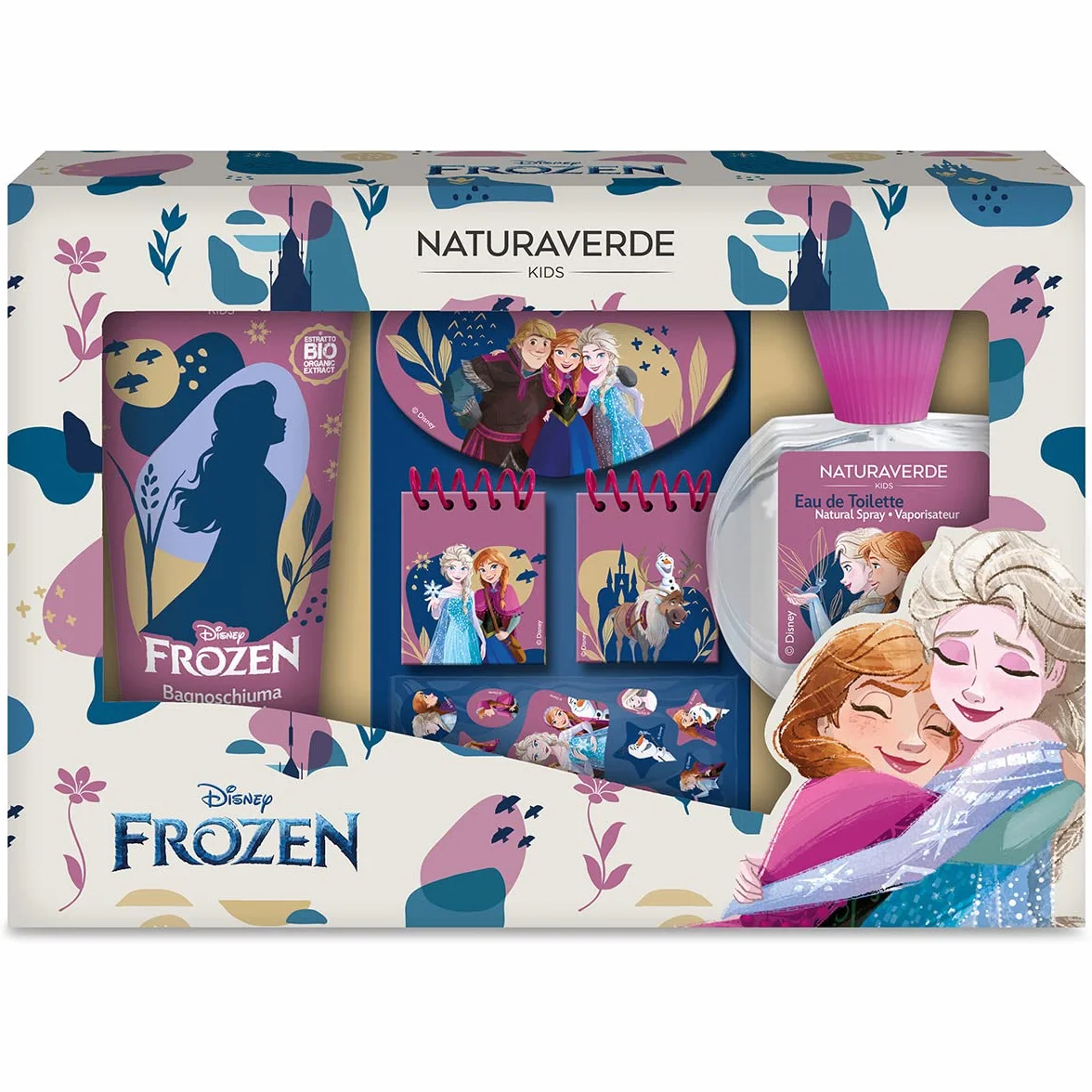 Naturaverde | Kids - Disney Frozen - Confezione Regalo Disney Frozen, Stationery Set, Eau de Toilette Natural Spray da 50ml e Bagnoschiuma in Tubo da 100ml, Set 3 Notebooks e Stickers in Rilievo
