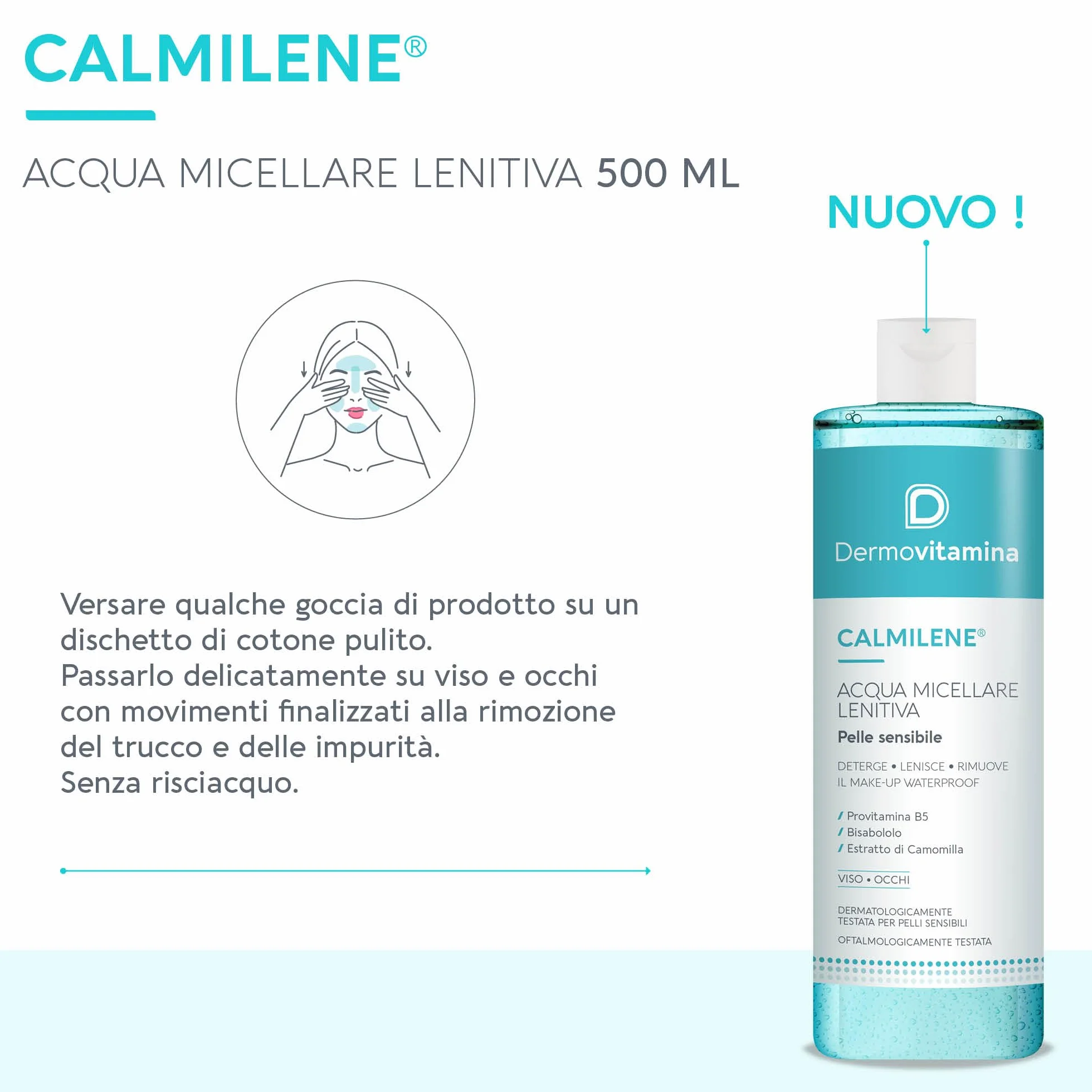 Dermovitamina Calmilene - Acqua Micellare Lenitiva - Struccante Occhi Delicato - Detergente Viso -Con Estratto di Camomilla ed Estratto di Olio d'Oliva - Per Pelle Sensibile - 500ml