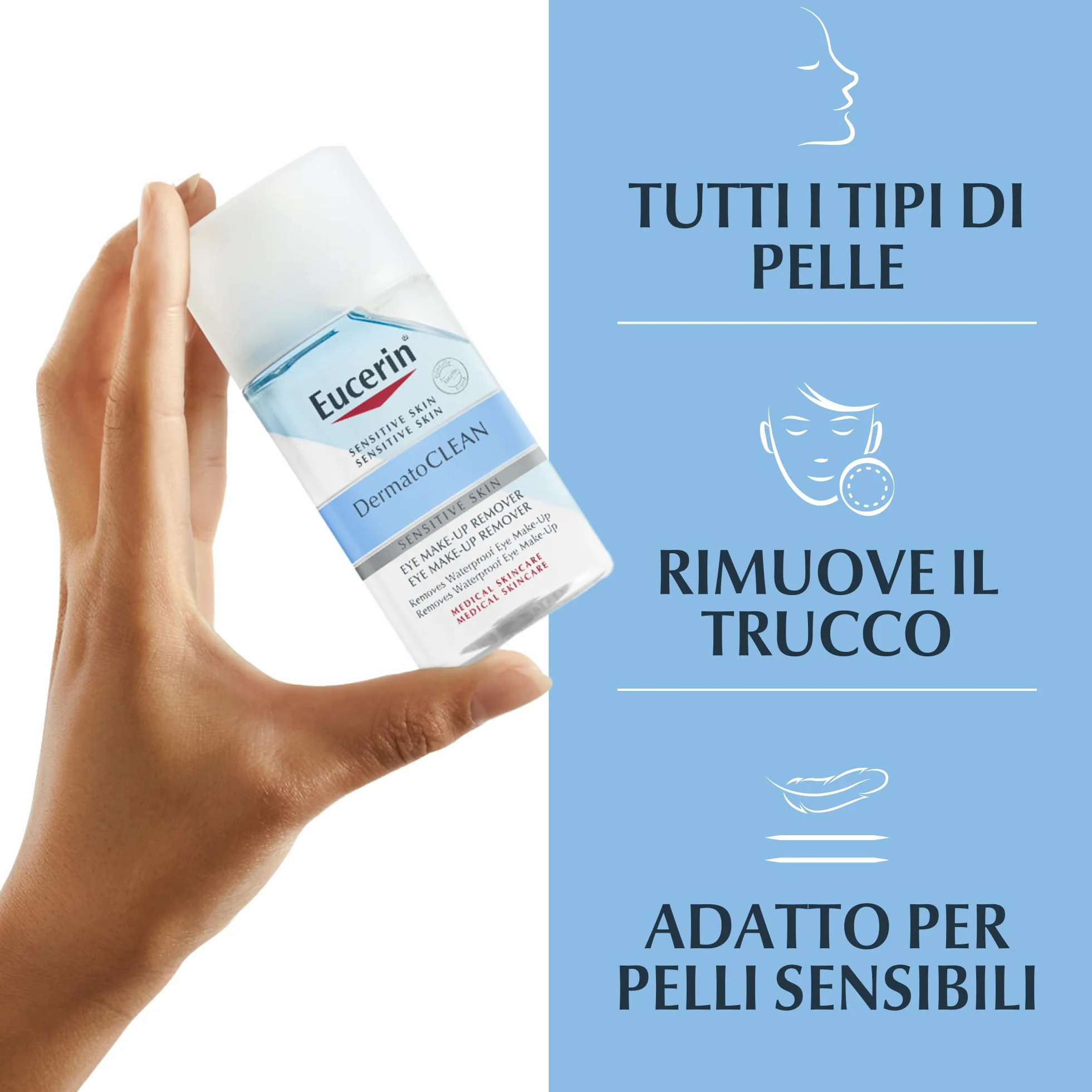 Eucerin DermatoCLEAN Struccante Occhi 125 ml, Struccante occhi waterproof per il make-up più resistente, Formula bifasica che non unge e non lascia residui per pelle sensibile