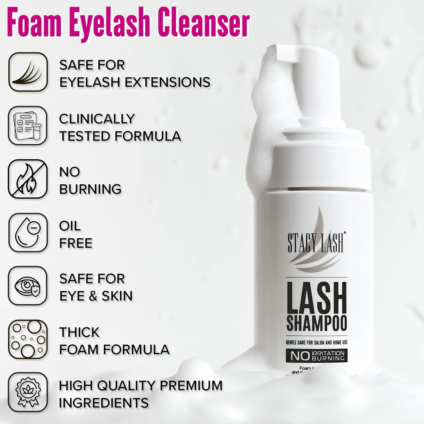 STACY LASH Kit di shampoo per ciglia da 50 ml, detergente schiumogeno con bobine di ciglia e flacone per risciacquo, tampone detergente e pennello per extension di ciglia, ciuffetti e ciglia naturali