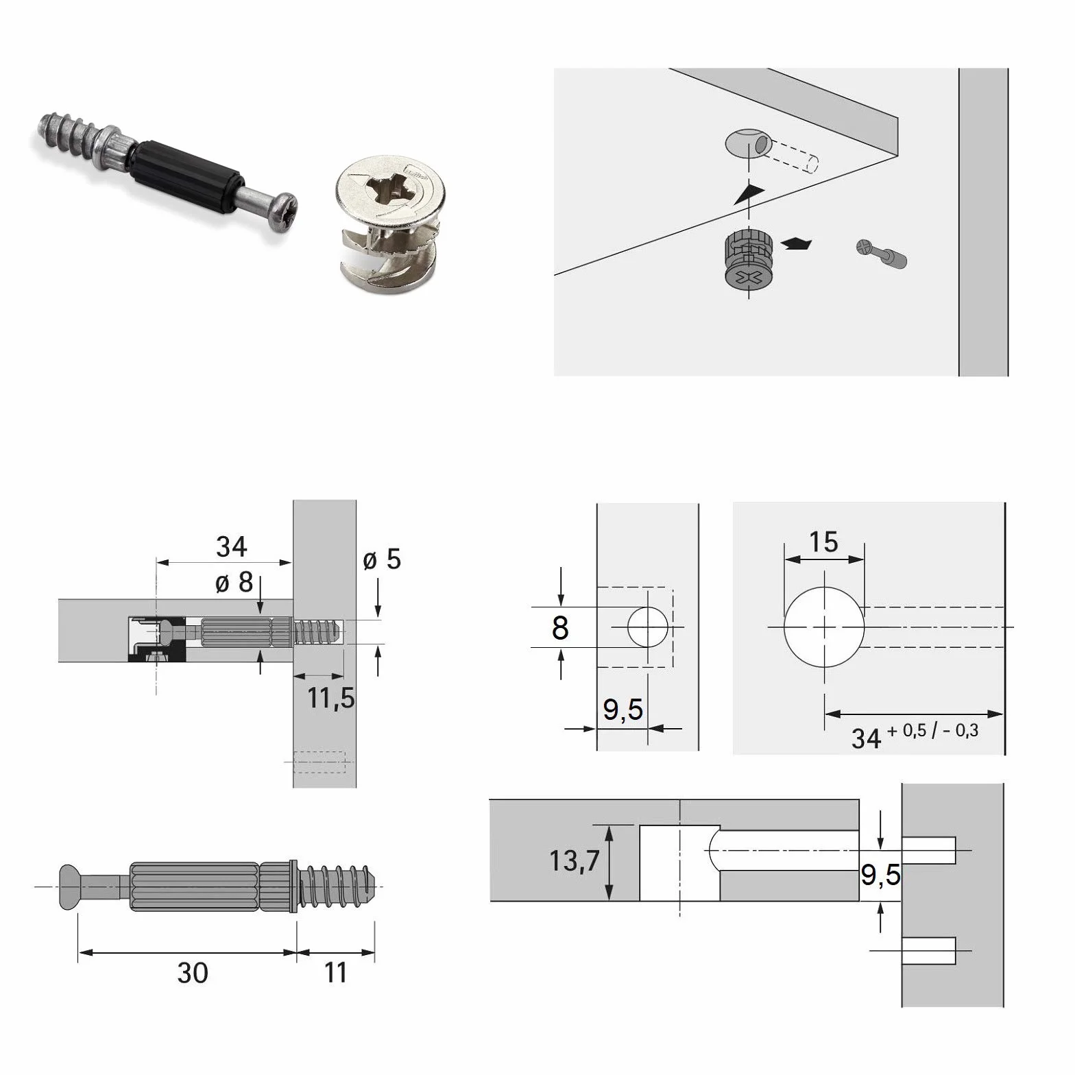 HETTICH RASTEX 15 connettori per carcassa eccentrici con collare Ø 15 mm e tassello Twister DU 232 T M6 x 11 mm