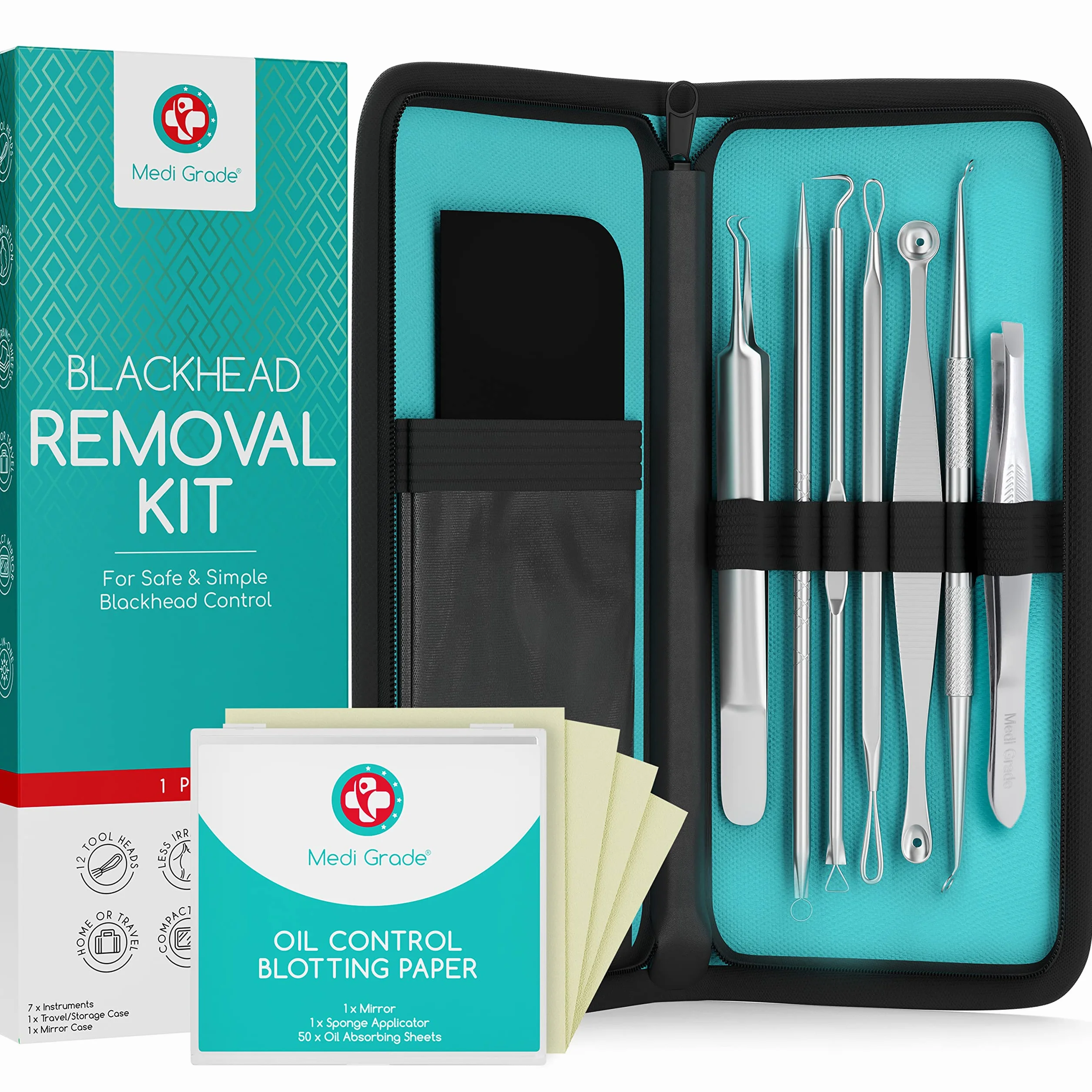 Medi Grade Kit Schiaccia Brufoli e Estrattore Punti Neri Medi Grade, Set di 7 Strumenti Togli Punti Neri