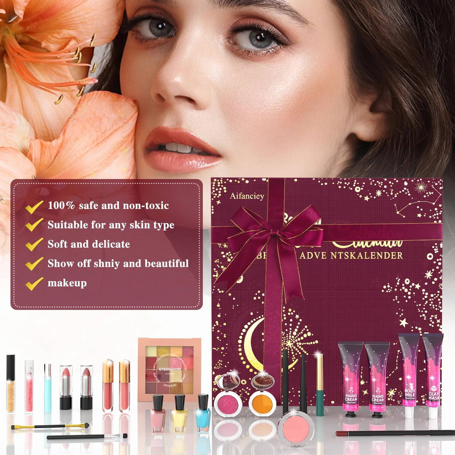 Calendario dell'Avvento Beauty 2025, Calendario Avvento Make-up, Set di Trucchi da 24 pezzi per Occhi, Viso, Labbra e Unghie, Calendario Conto alla Rovescia Natale Idea Regalo per Amanti, Amici