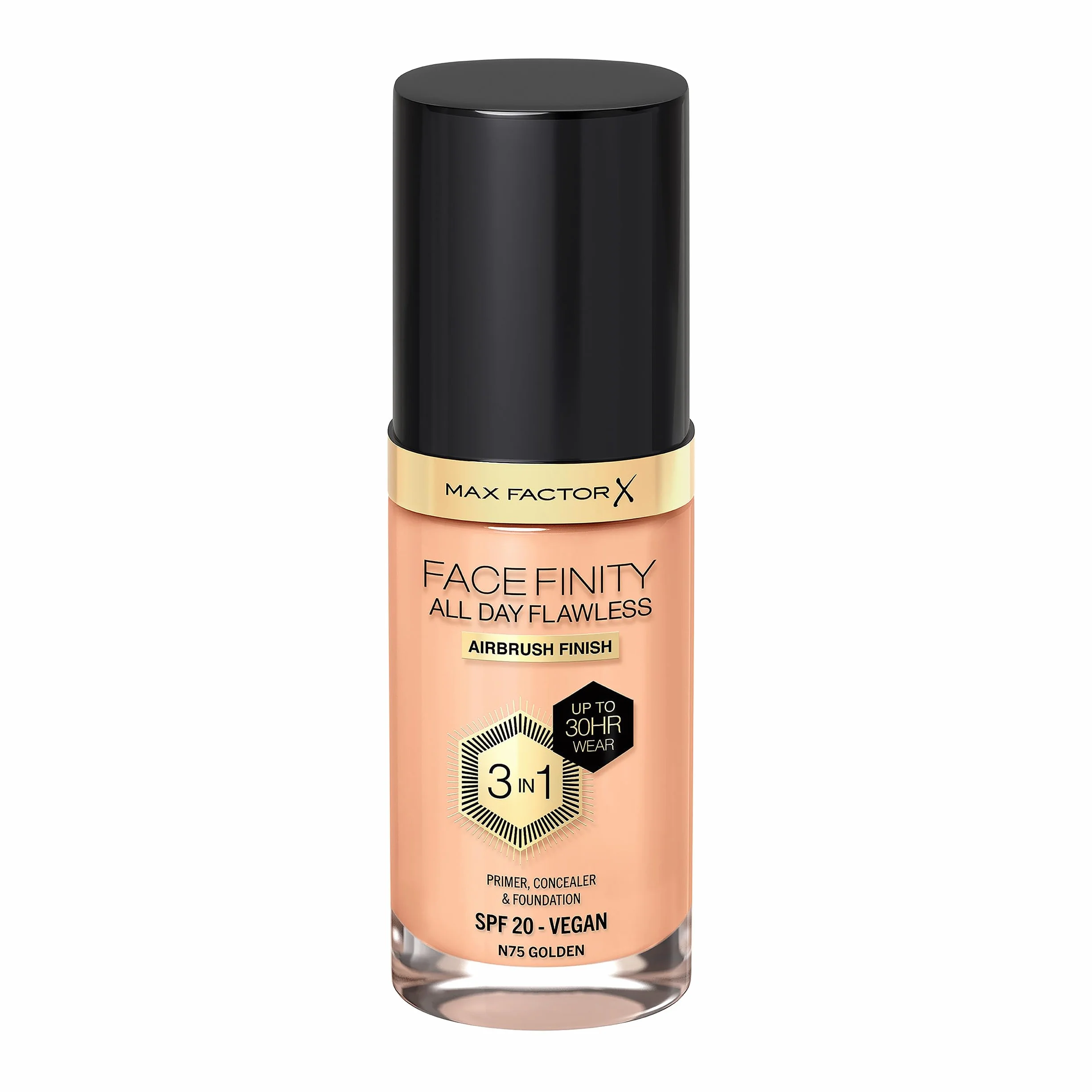 Max Factor Fondotinta Facefinity All Day Flawless – Correttore, Fondotinta liquido e primer viso 3-in-1, Formula vegan, Copertura modulabile, Tenuta fino a 30 ore, SPF20 – N75 Golden, 30 ml
