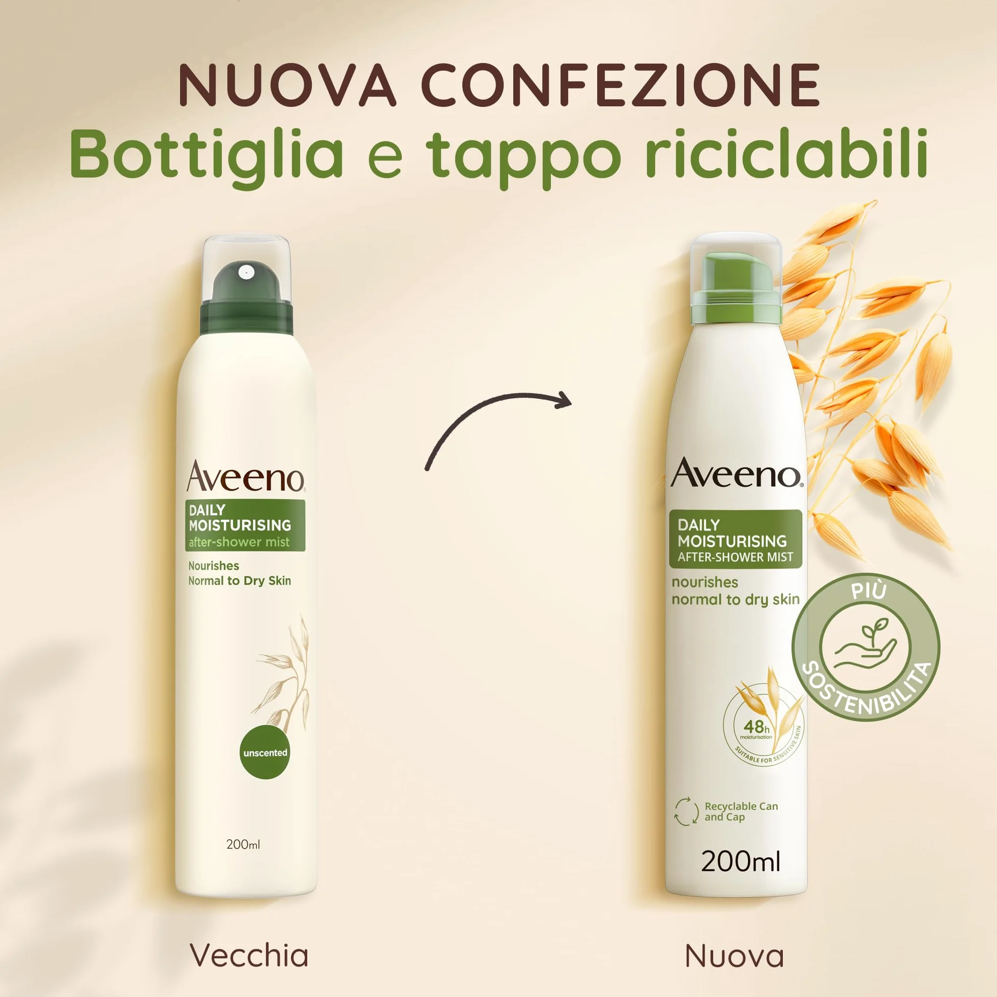 Aveeno Daily Moisturising Spray Dopo-Doccia, Crema corpo idratante in spray con Avena, Crema corpo spray per pelli secche e sensibili, Spray corpo senza profumo, 200 ml