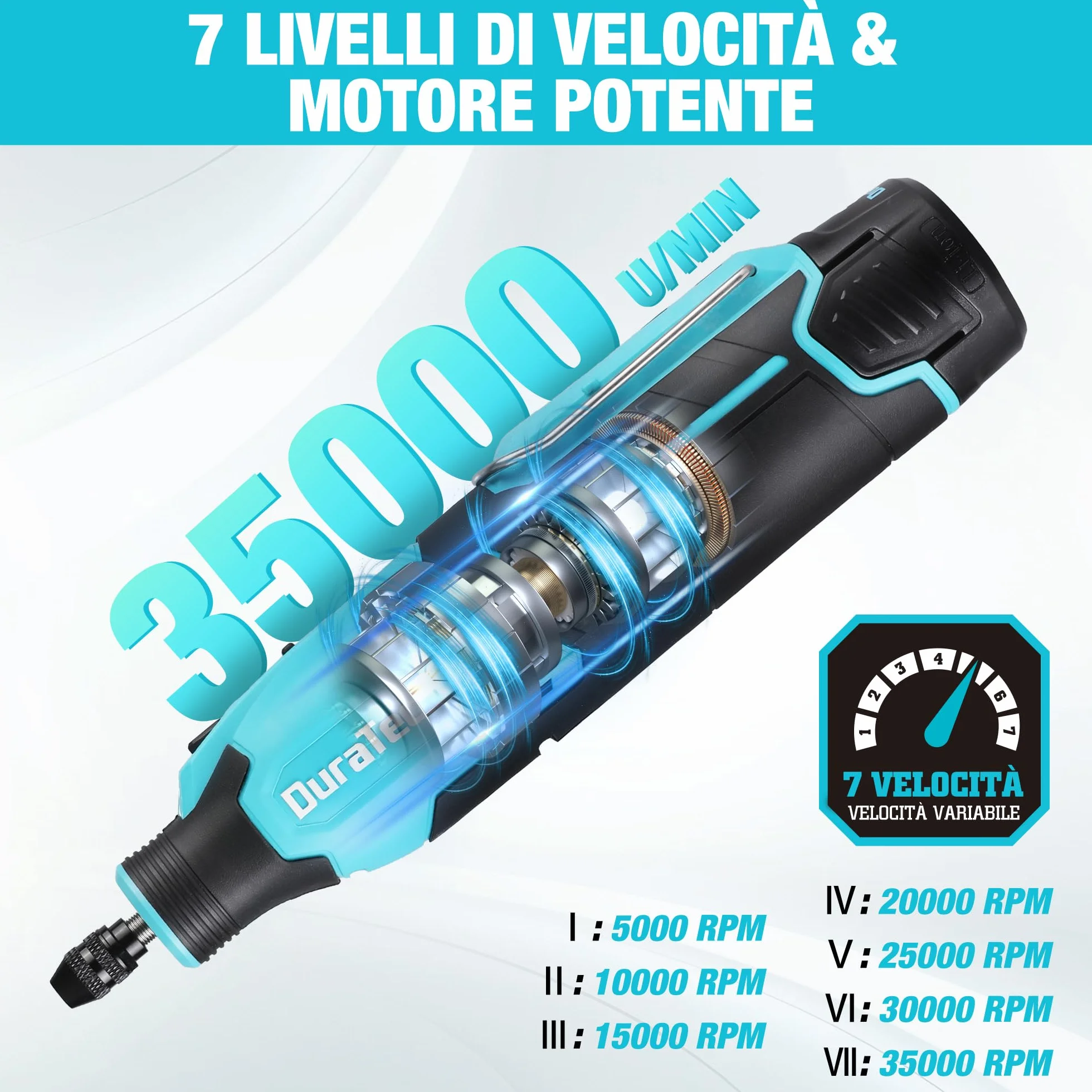 DURATECH Strumento Multifunzione Ricaricabile 35.000 giri/min 7 Velocità con 118 Accessori